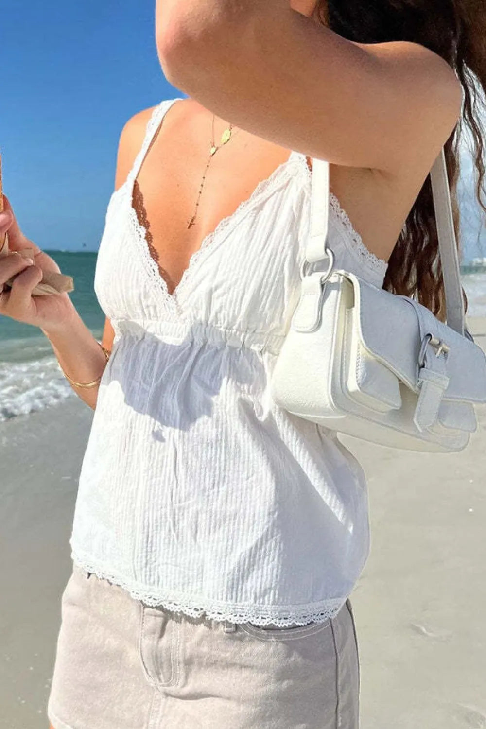 Lace Detail V Neck White Beachy Cami Top - Women's Summer Lace Trim Camisole for Beach Vacation, Date Night & Casual Outfits