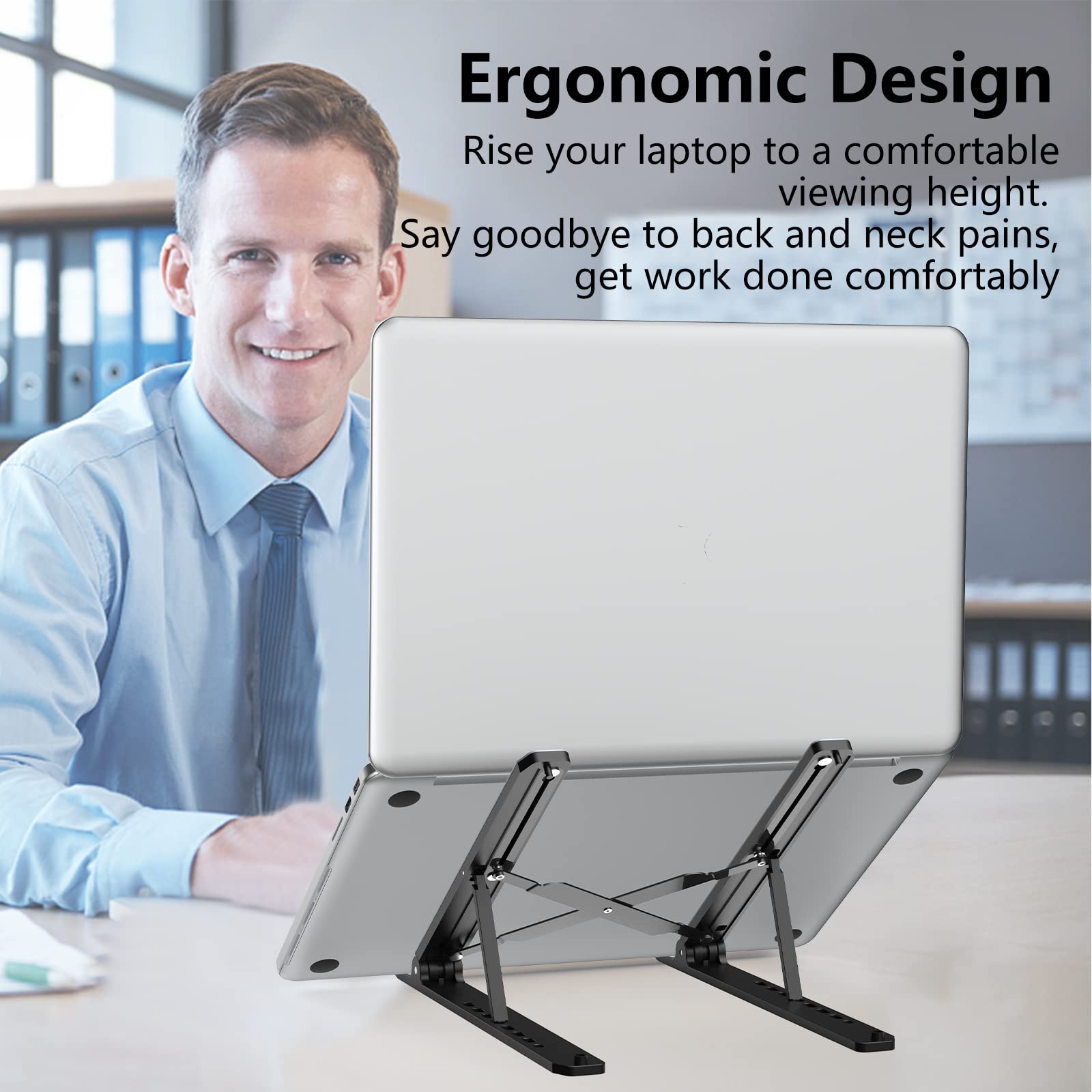 Adjustable Laptop Stand for Desk - Foldable Portable Notebook Riser with Ventilated Cooling, ABS+Silicone Design for 10-15.6” Laptops & Tablets, Perfect for Home Office, Gaming, and Study - Black