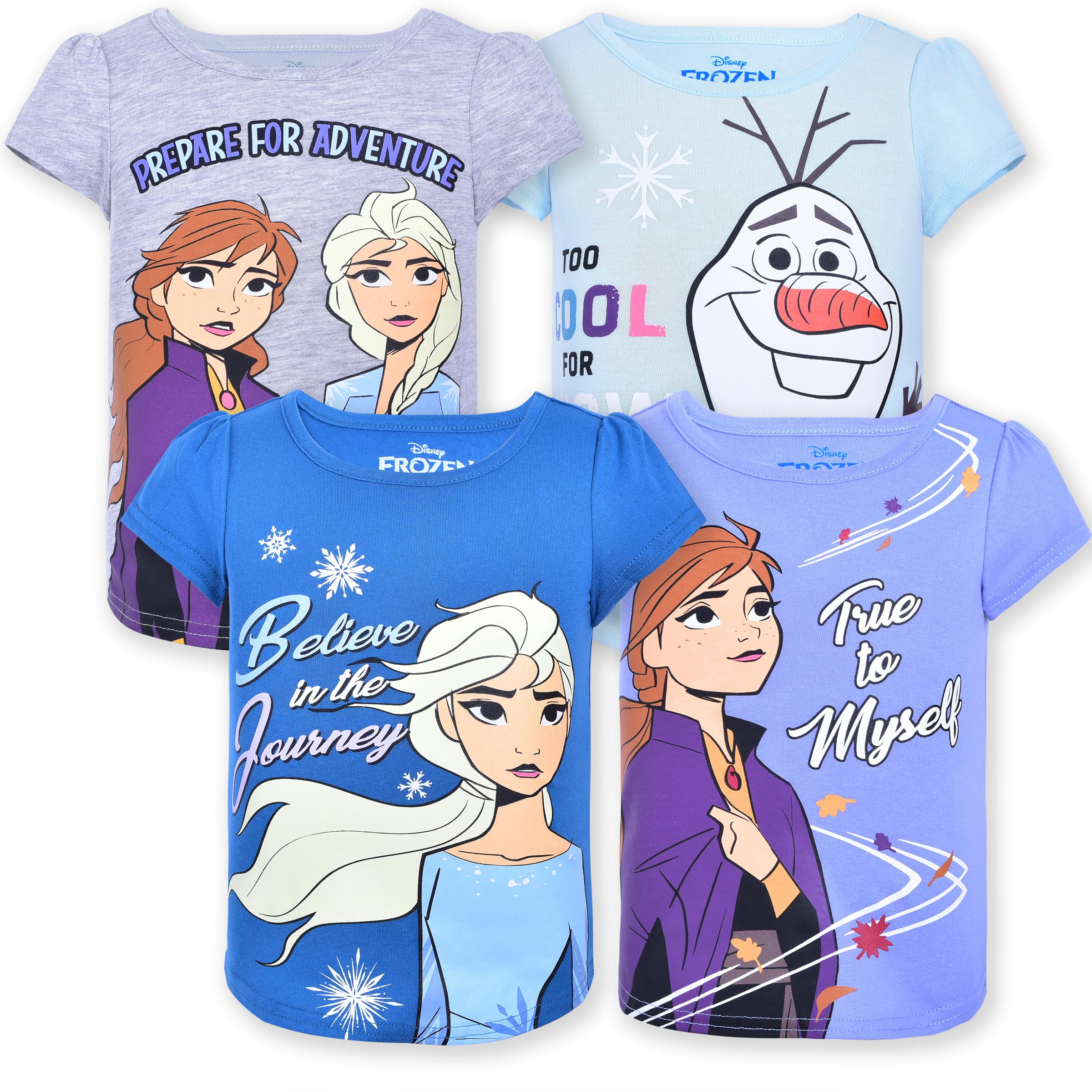 Disney Frozen Girls 4 Pack Short Sleeve T-Shirt Set for Toddler & Kids - Cute Cartoon Character Tees for School, Playdates & Birthday Parties