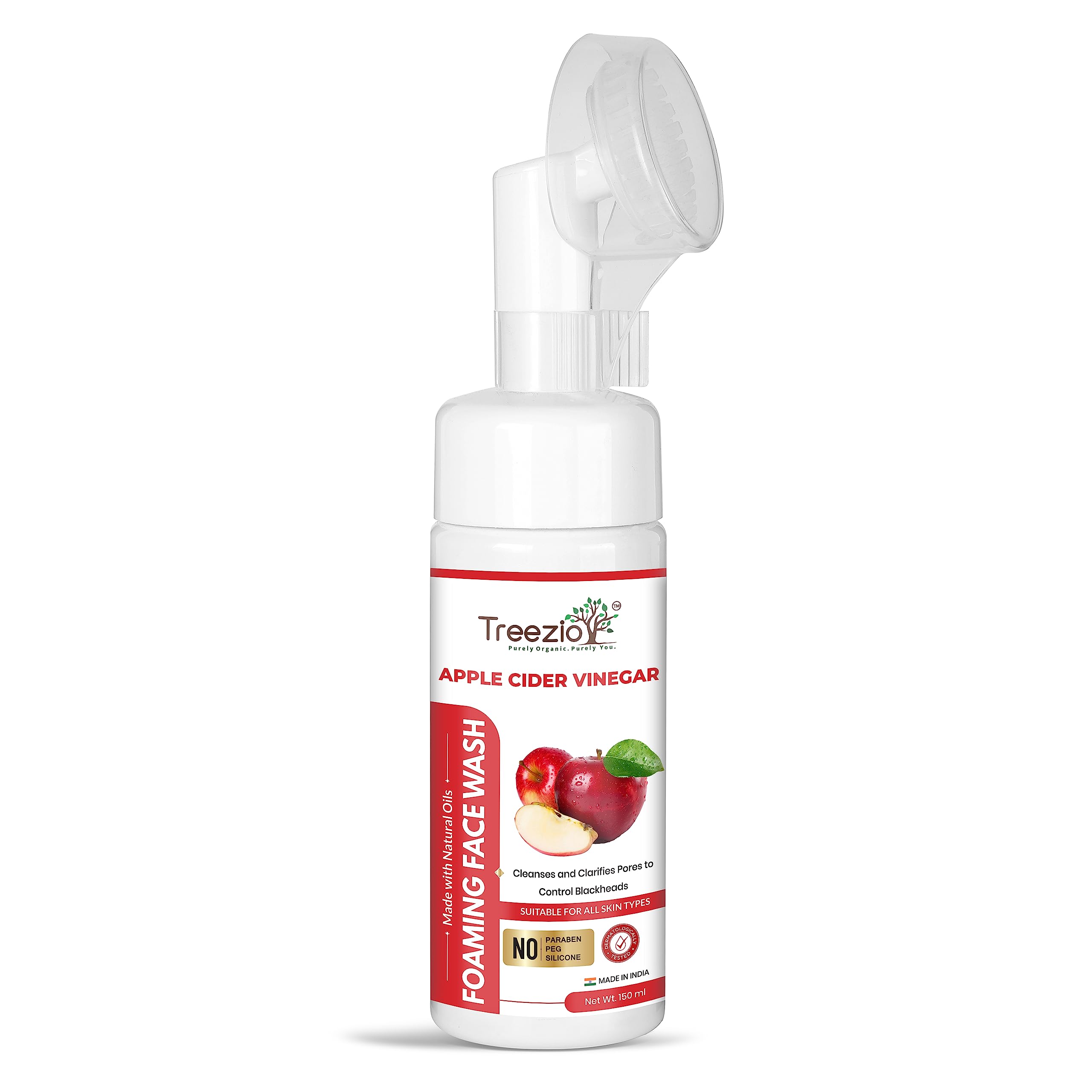 Treezio Apple Cider Vinegar Foaming Face Wash with Built-in Brush - Deep Cleansing & Pore Refining for Oily Skin | Silicone-Free, Paraben-Free | Clear Skin Solution for Men & Women (150ml) | Perfect for Daily Skincare Routine & Acne-Prone Skin