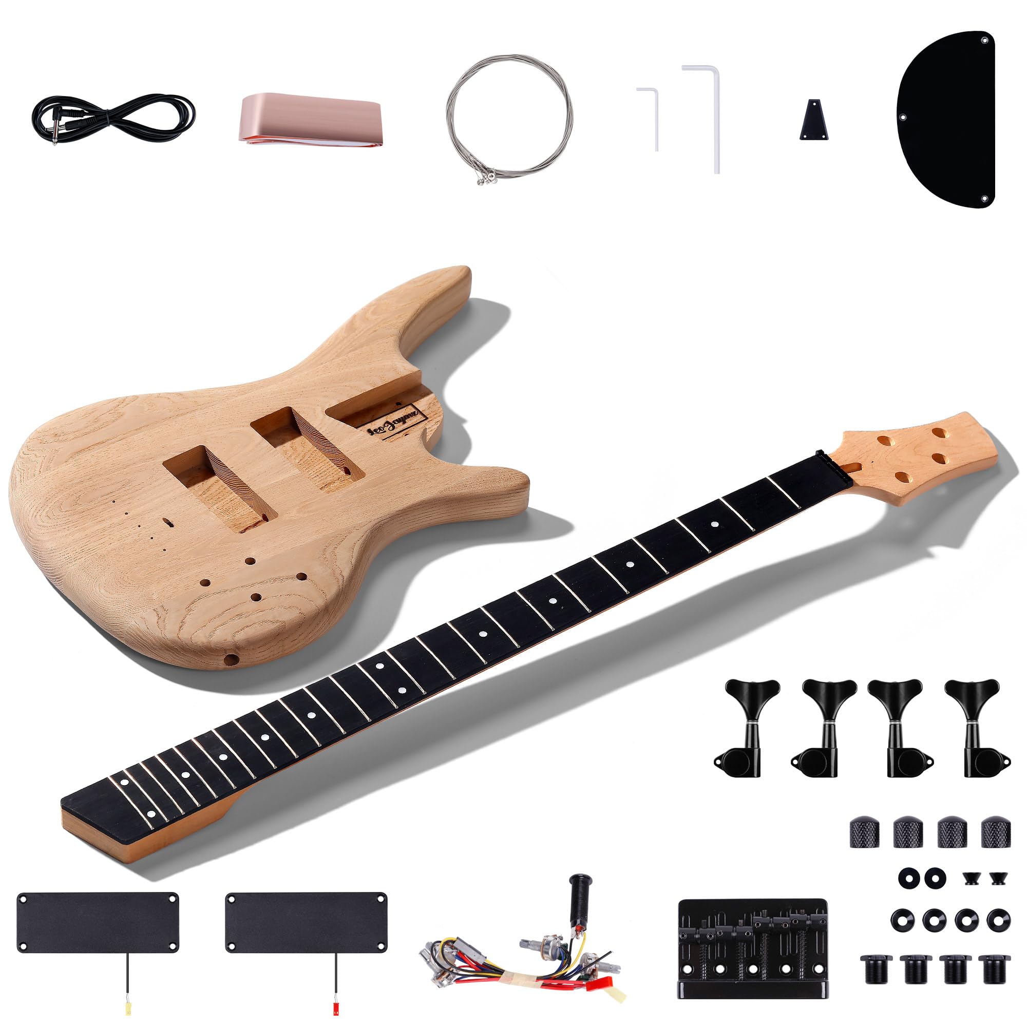 Leo Jaymz DIY Electric Bass Guitar Kit - Roasted Ash Body, Maple Neck & Ebony Fingerboard - 4-String Bass Guitar with All Components - Perfect for Beginners, Home Recording & Live Performances