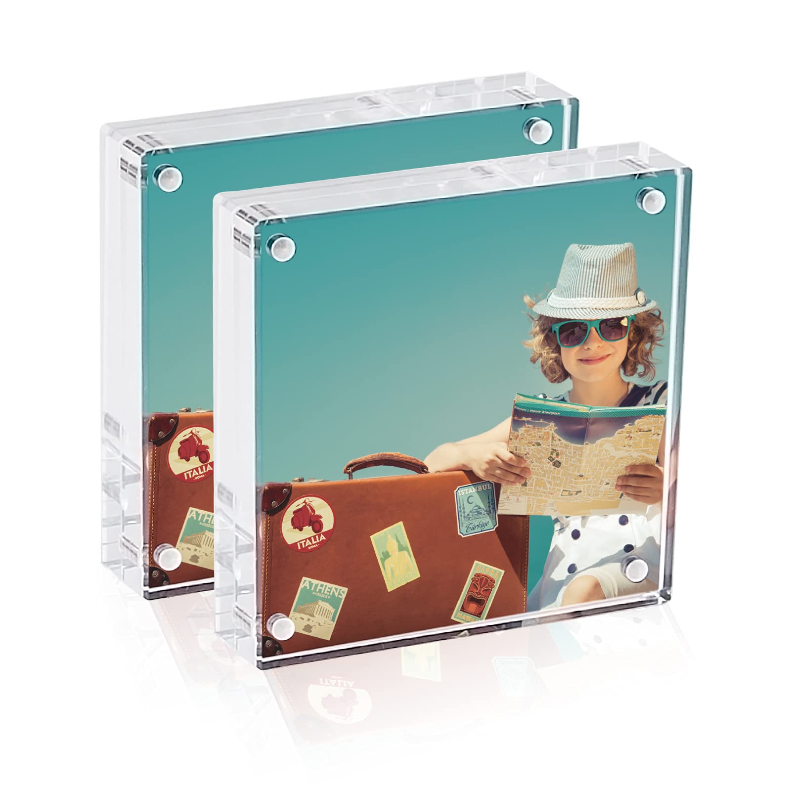 Elabo 4x4 Inch Acrylic Picture Frame Set of 2 - Magnetic Photo Frames with 12+12MM Thickness, Clear Double Sided Display for Desktop, Wall or Shelf - Perfect for Wedding, Family Photos & Office Decor