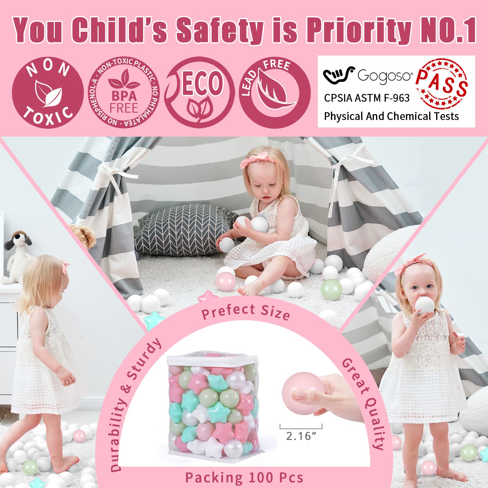 Non-Toxic 2.2-Inch Crush Proof Play Balls for Toddlers - Pack of 50/100/200 | BPA-Free, Phthalate-Free Plastic Ball Pit Balls | Safe for Indoor Play, Kids Parties & Sensory Play
