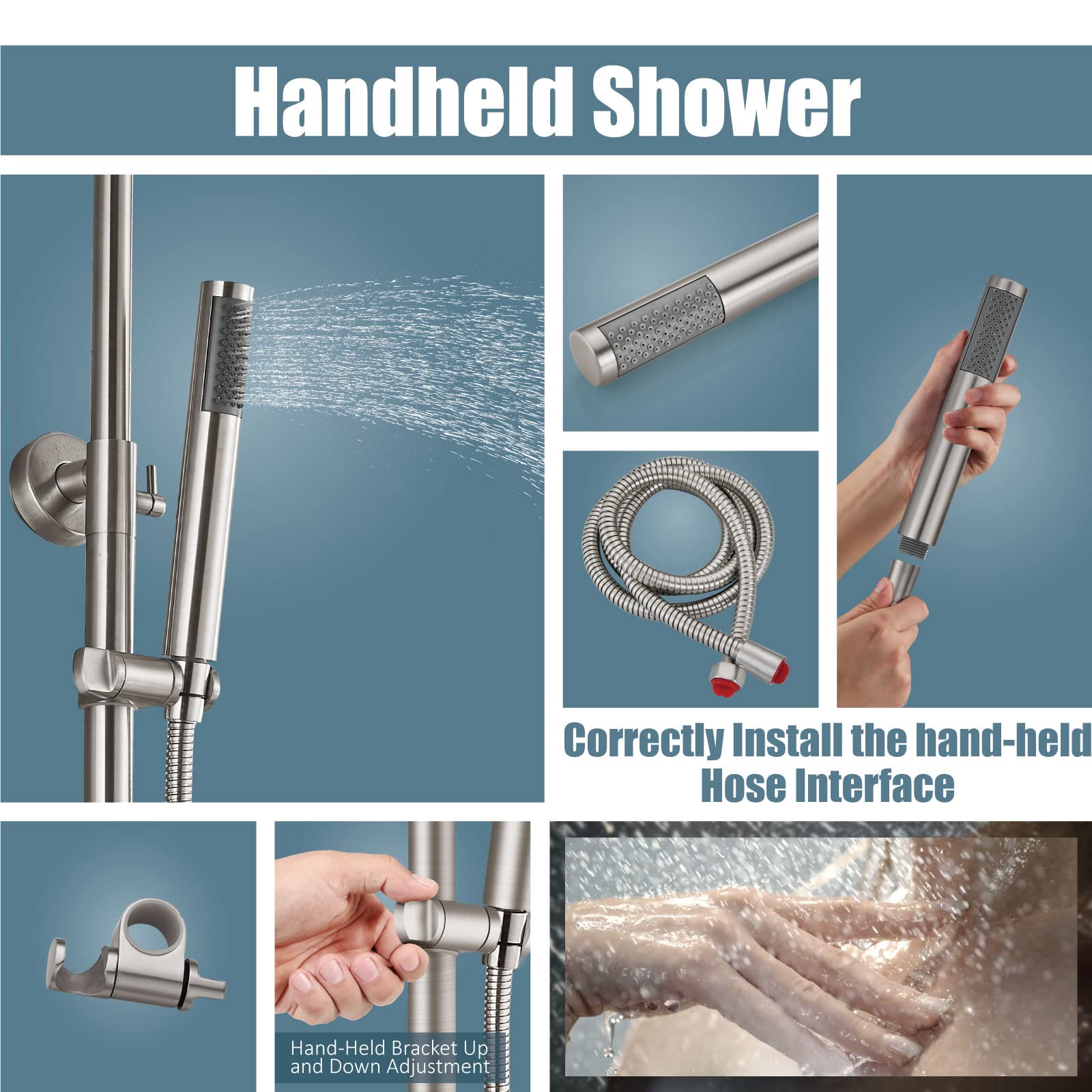 Aolemi 8 Inch Stainless Steel Shower Faucet Set - SUS304 Rainfall Shower Head with Hand Spray, 3 Function Combo, Brushed Nickel Finish - Perfect for Outdoor, Garden, and Patio Use