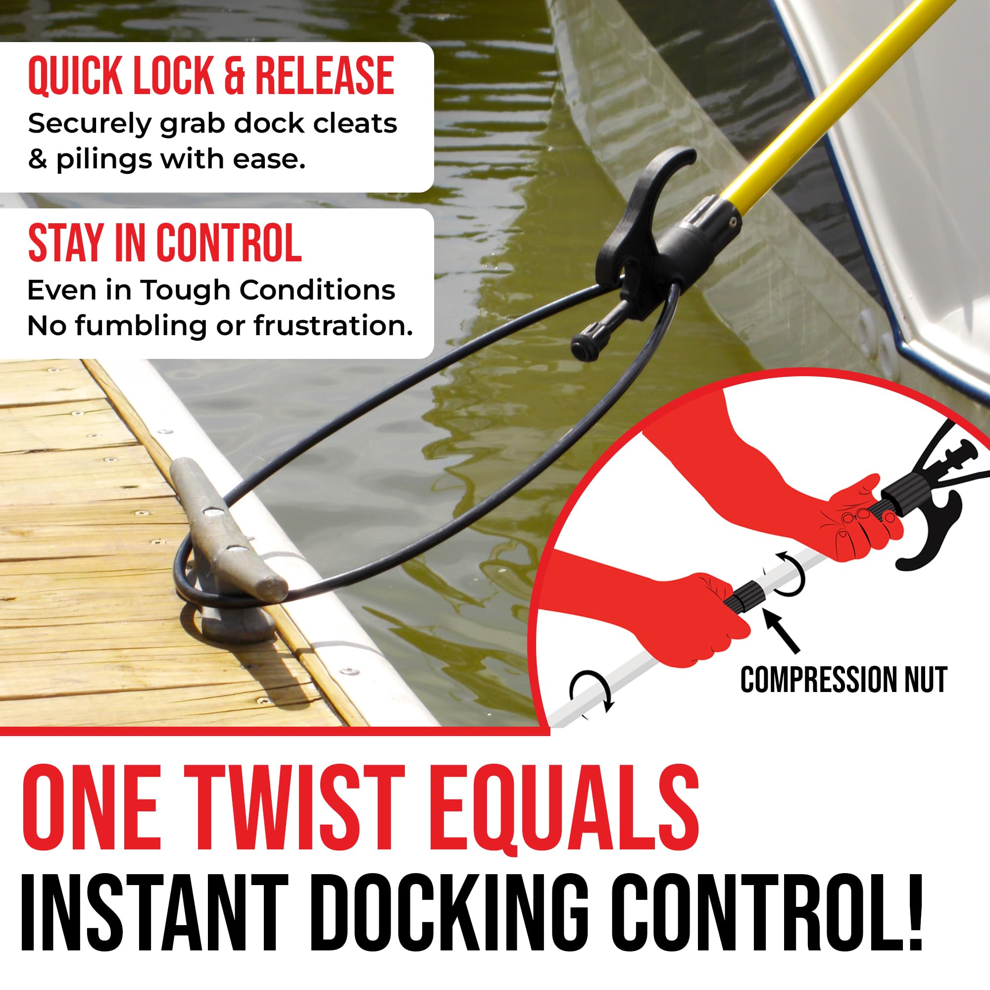 Extendable Fiberglass Boat Hook with Flexible Loop & Quick-Lock System - Adjustable 2-8ft Marine Pole with Rubber Guard - Docking, Mooring & Line Handling Tool for Boats, Kayaks & Watercraft