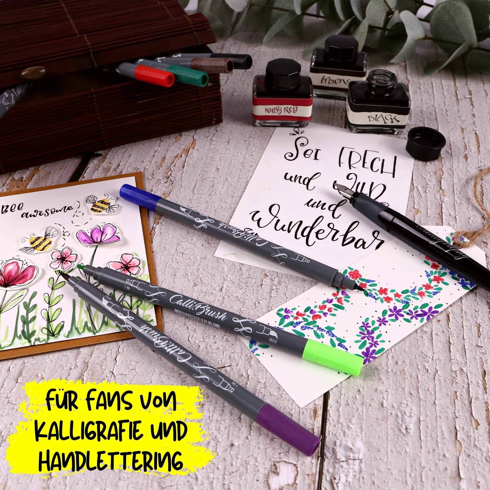 Premium Calligraphy Set for Beginners & Professionals - 1.4mm Fountain Pen, 10 Dual-Tip Brush Pens, 3 Ink Bottles, Converter & Greeting Cards - Perfect for Hand Lettering, Wedding Invitations, DIY Cards & Artistic Writing (Black, 81159)