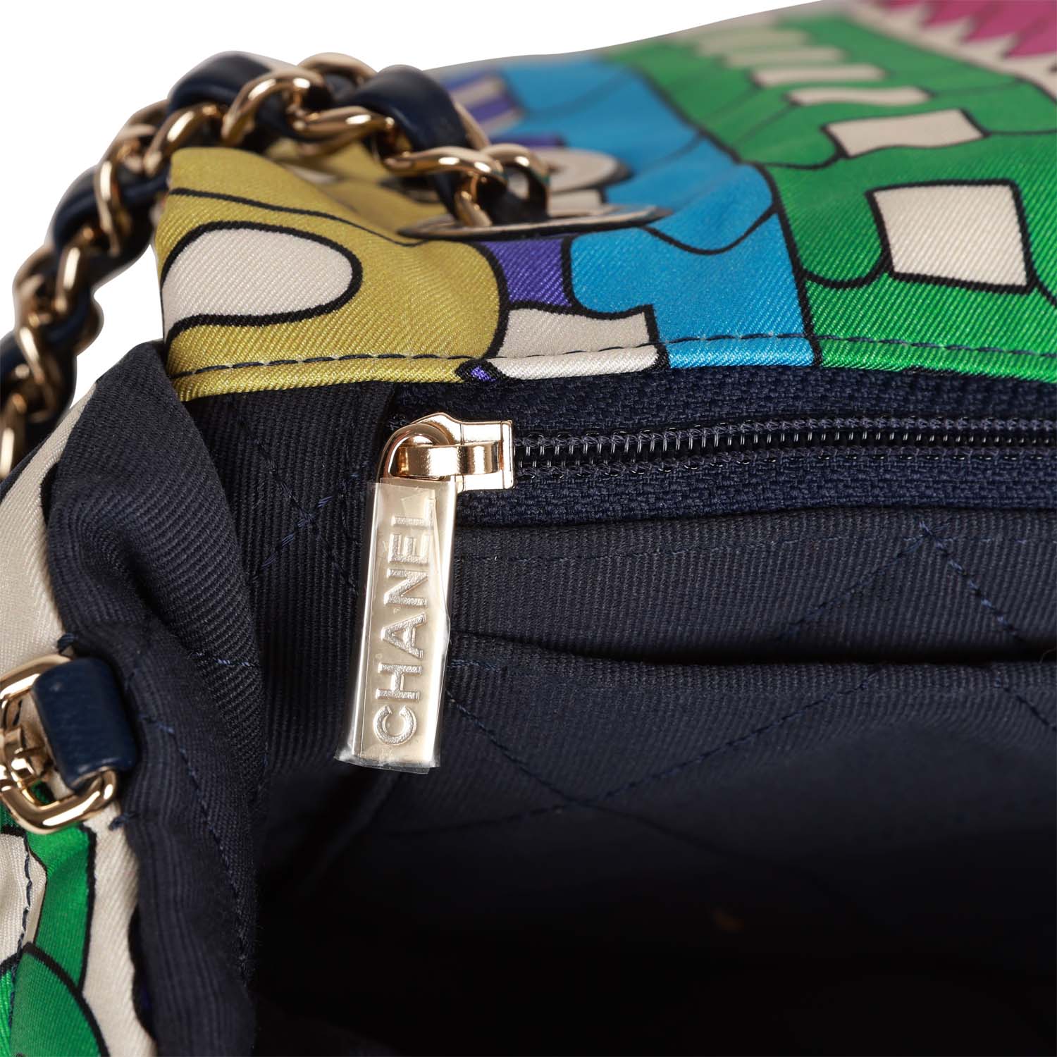 Chanel Medium Classic Flap Bag with Multicolor Rainbow Logo - Nylon Material & Light Gold Hardware - Perfect for Casual Outings, Parties & Luxury Fashion Accessories