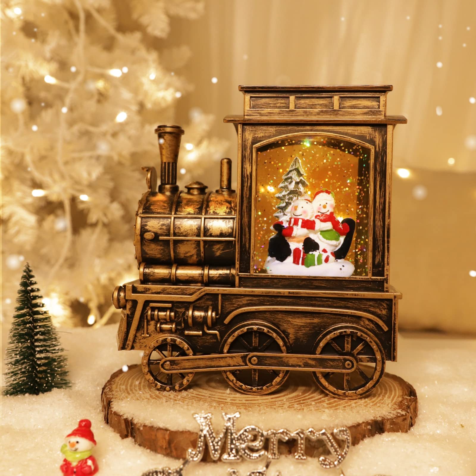 Christmas Snow Globe with Train, Music, Lights & Timer - 8 Holiday Songs, 2 Snowman Sledding Scene, Glittering Snow Globe Decor for Office & Home - Perfect Xmas Gift for Kids & Adults (Great for Mantel Decor, Holiday Parties & Festive Gift Exchanges)