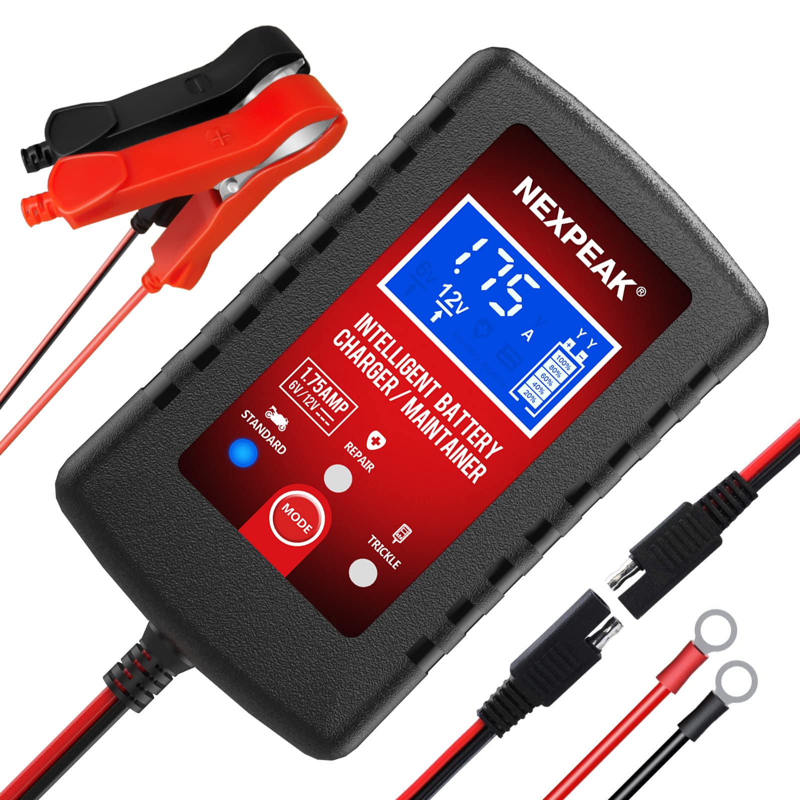 1.75-Amp Smart Car Battery Charger & Maintainer - 6V/12V Fully Automatic Trickle Charger with Desulfator for Cars, Motorcycles, Lawn Mowers, Boats & Marine Batteries | Ideal for Winter Storage & Seasonal Vehicle Maintenance