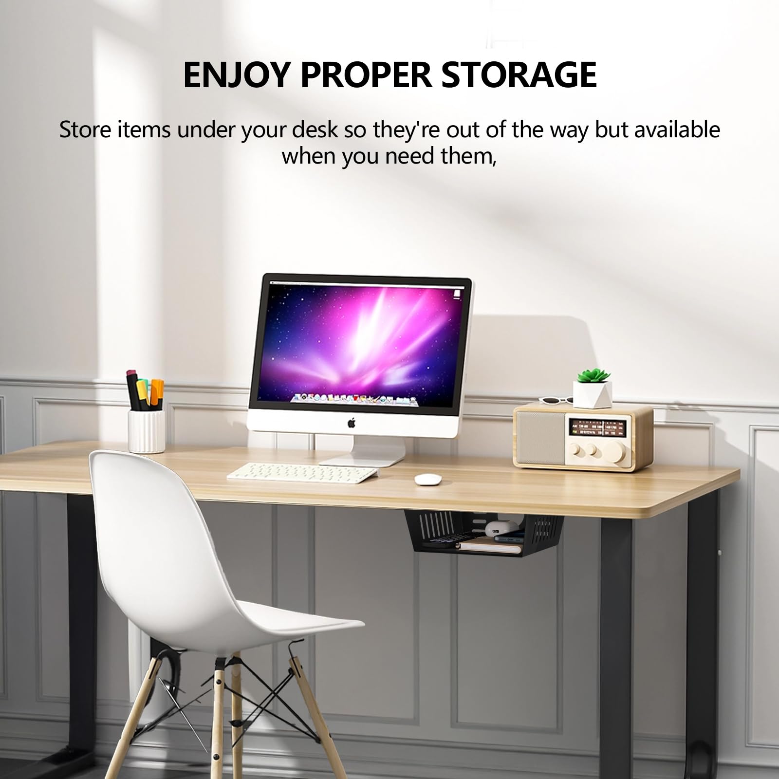 2 Pack Under Desk Shelf - Metal Under Desk Storage Organizer, Black Office Desk Shelf for Workstations & Home Office - Perfect for Organizing Cables, Supplies & Small Items