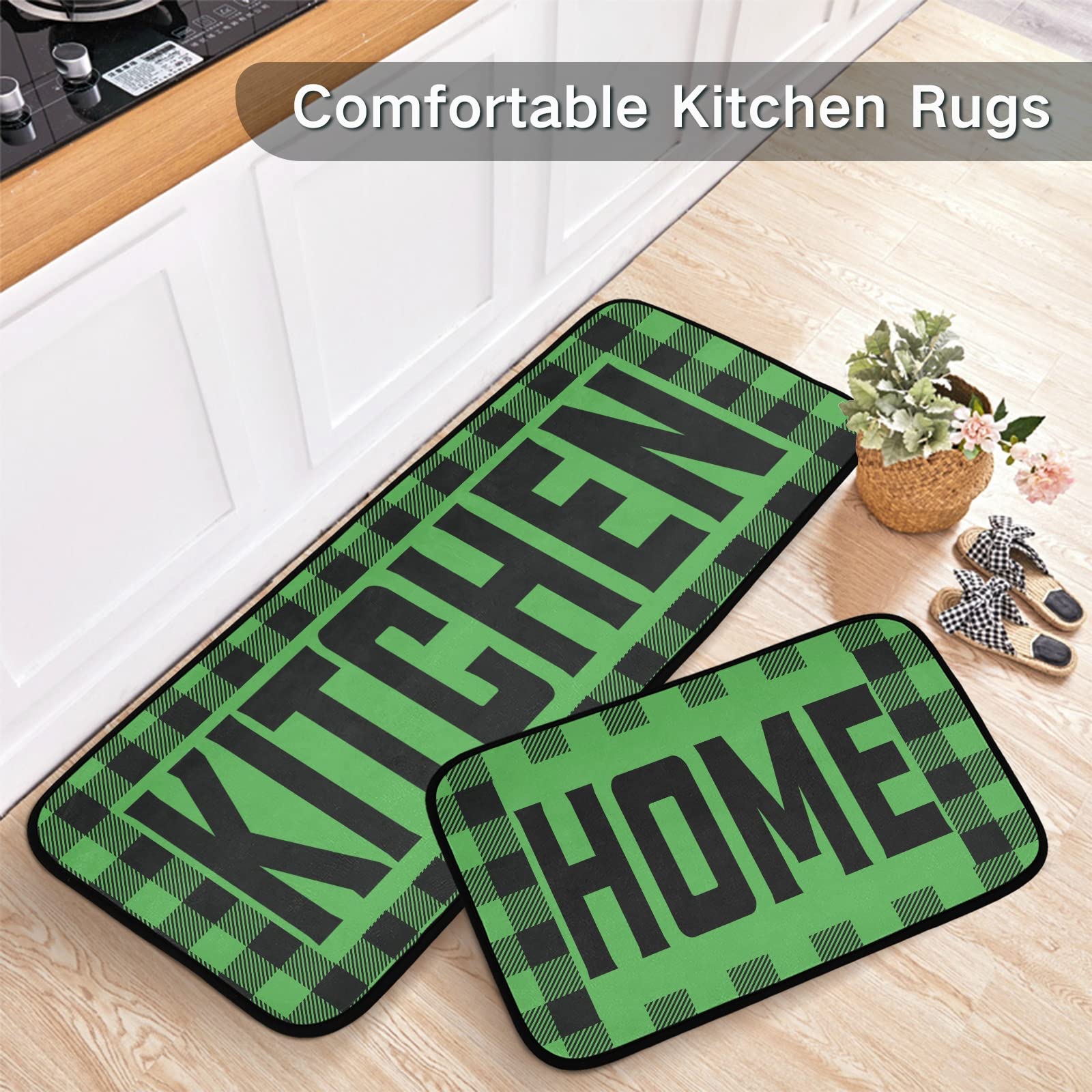 Buffalo Plaid Checked Green & Black Anti-Fatigue Kitchen Mat Set of 2 - Non-Slip Cushioned Heavy Duty Foam Runner Rugs for Farmhouse, Laundry & Standing Comfort - Perfect for Kitchens, Mudrooms & Entryways