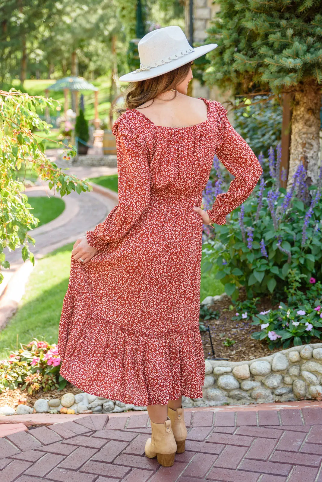 First Kiss Long Sleeve Maxi Dress in Rust - Elegant Boho Fall Dress for Women | Perfect for Weddings, Date Nights & Autumn Photoshoots