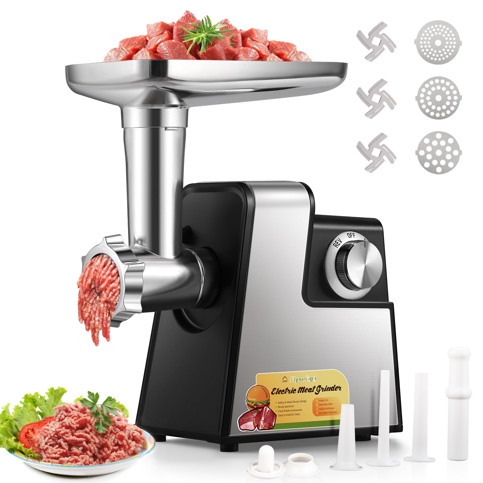 2700W Electric Meat Grinder - Heavy Duty Commercial & Home Use Mincer with 3 Blades, 3 Grinding Plates & Sausage Stuffer Kit - Perfect for Ground Beef, Sausages, Kubbe & Food Prep