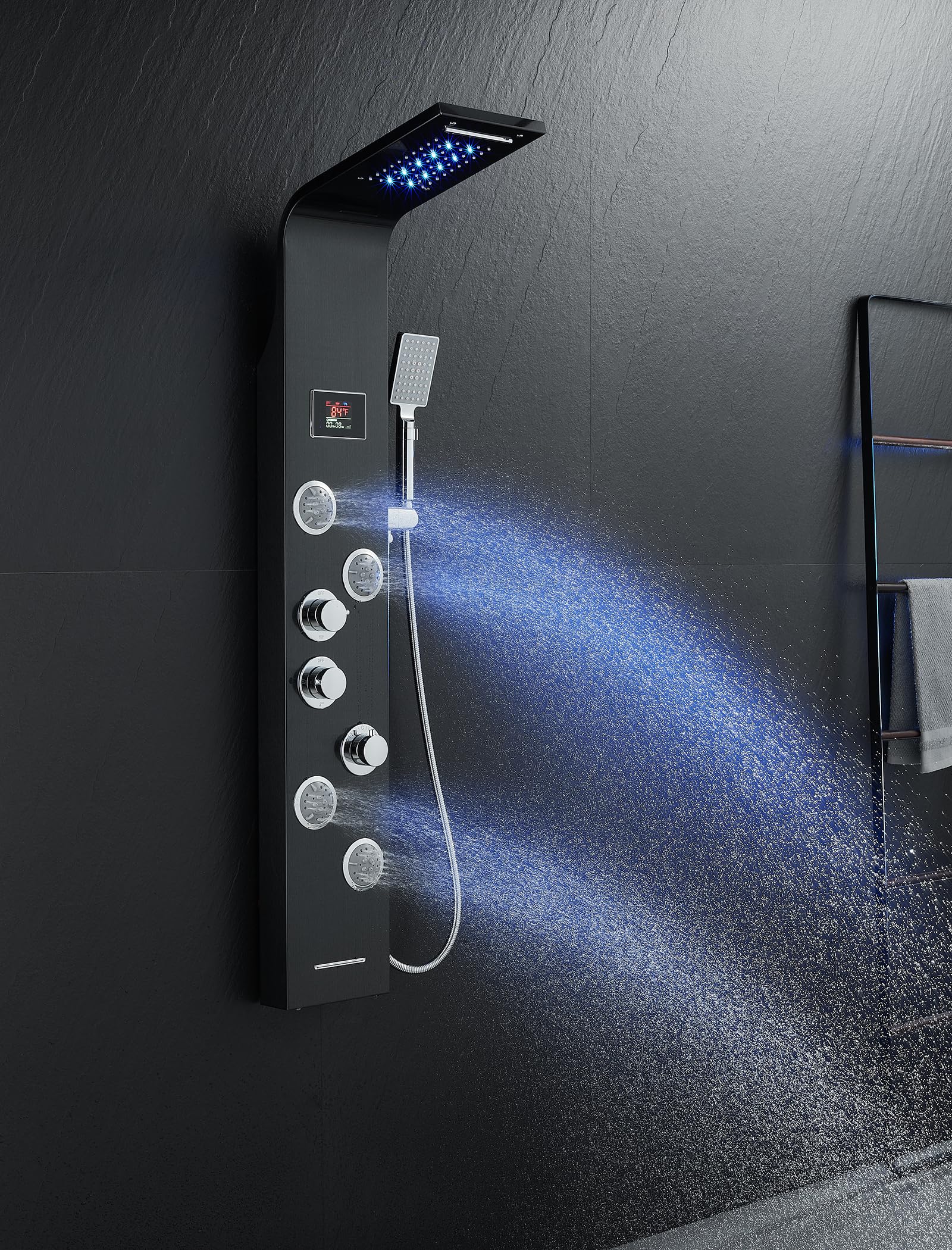 5-in-1 MENATT Shower Tower System with Hydroelectric LED Lights & Digital Display - Rainfall Shower Head, Waterfall Shower, Massage Jets, Tub Spout & Handheld Shower (Black) - Perfect for Modern Bathroom Renovation & Spa-Like Shower Experience