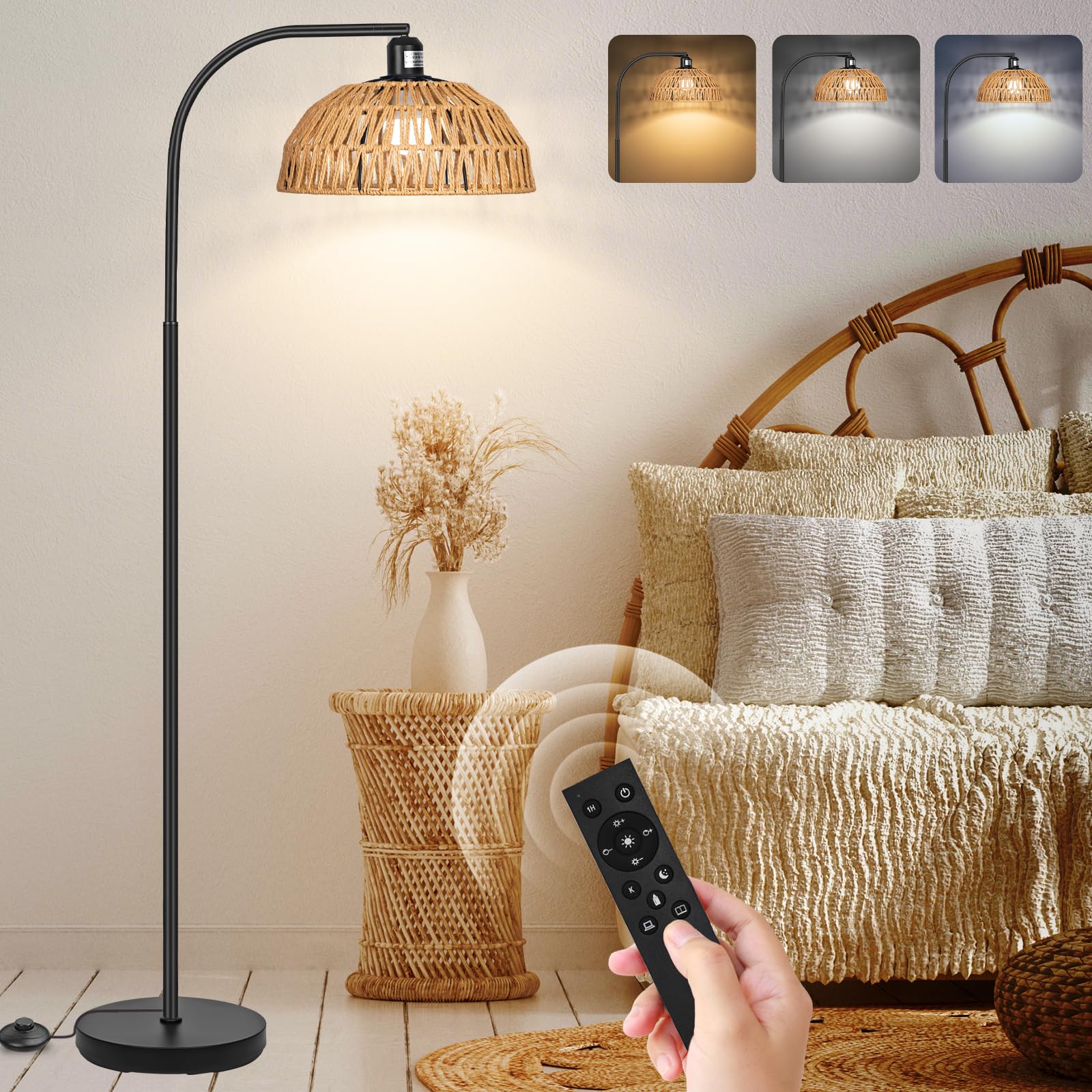Modern Black Rattan Floor Lamp with Remote Control & Dimmable LED Bulb - Adjustable Hand-Woven Shade for Living Room, Bedroom, or Office Lighting Decor