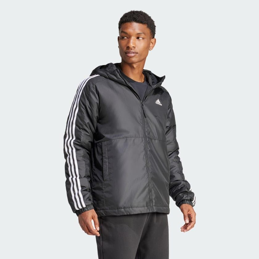 Adidas Men's Essentials 3-Stripes Insulated Hooded Jacket - Warm Winter Coat for Outdoor Sports & Casual Wear