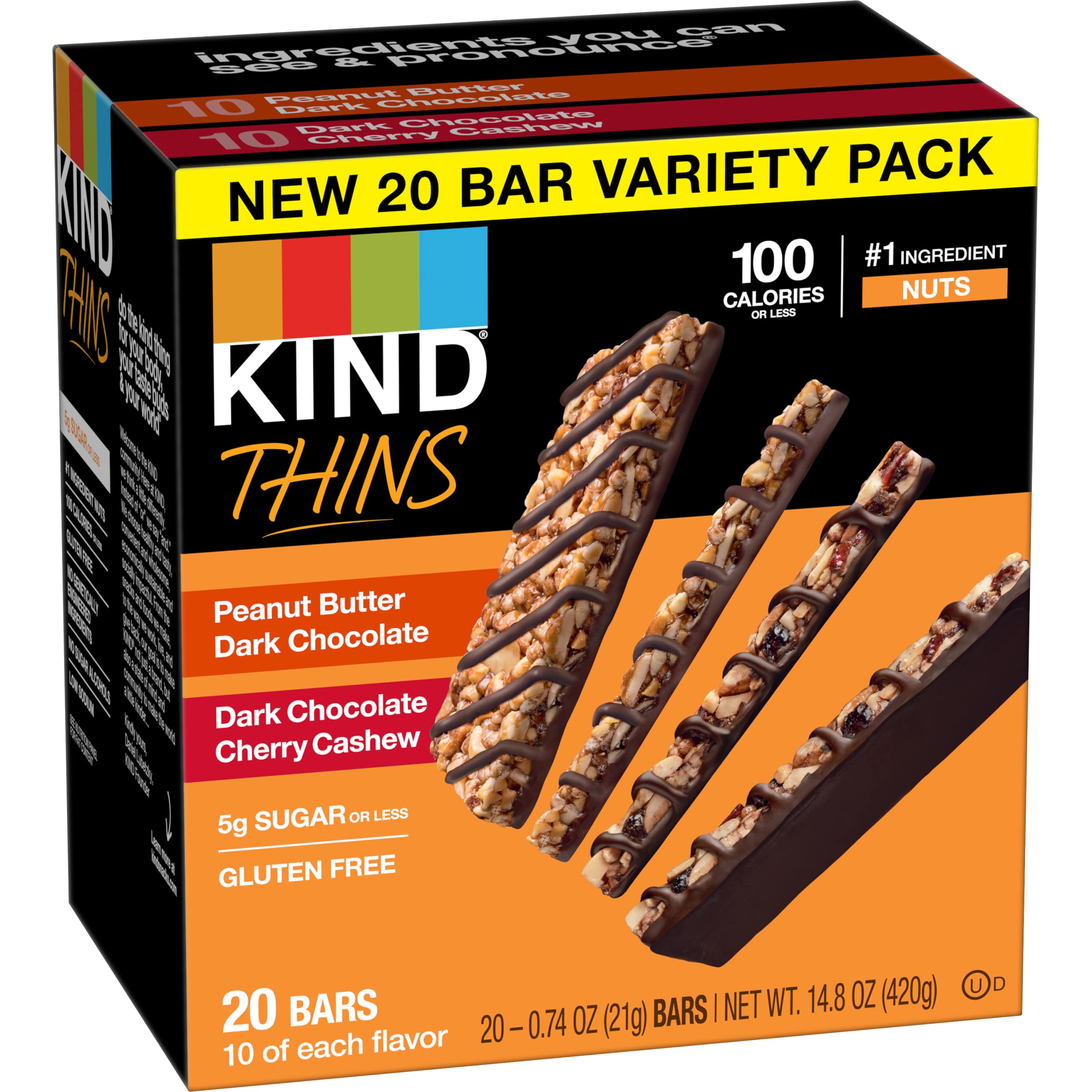 KIND Thins Snack Bars - Gluten Free, 100 Calorie, 2 Flavor Variety Pack (Peanut Butter Dark Chocolate & Dark Chocolate Cherry Cashew) - 60 Count | Healthy On-The-Go Snacks for Work, School & Travel