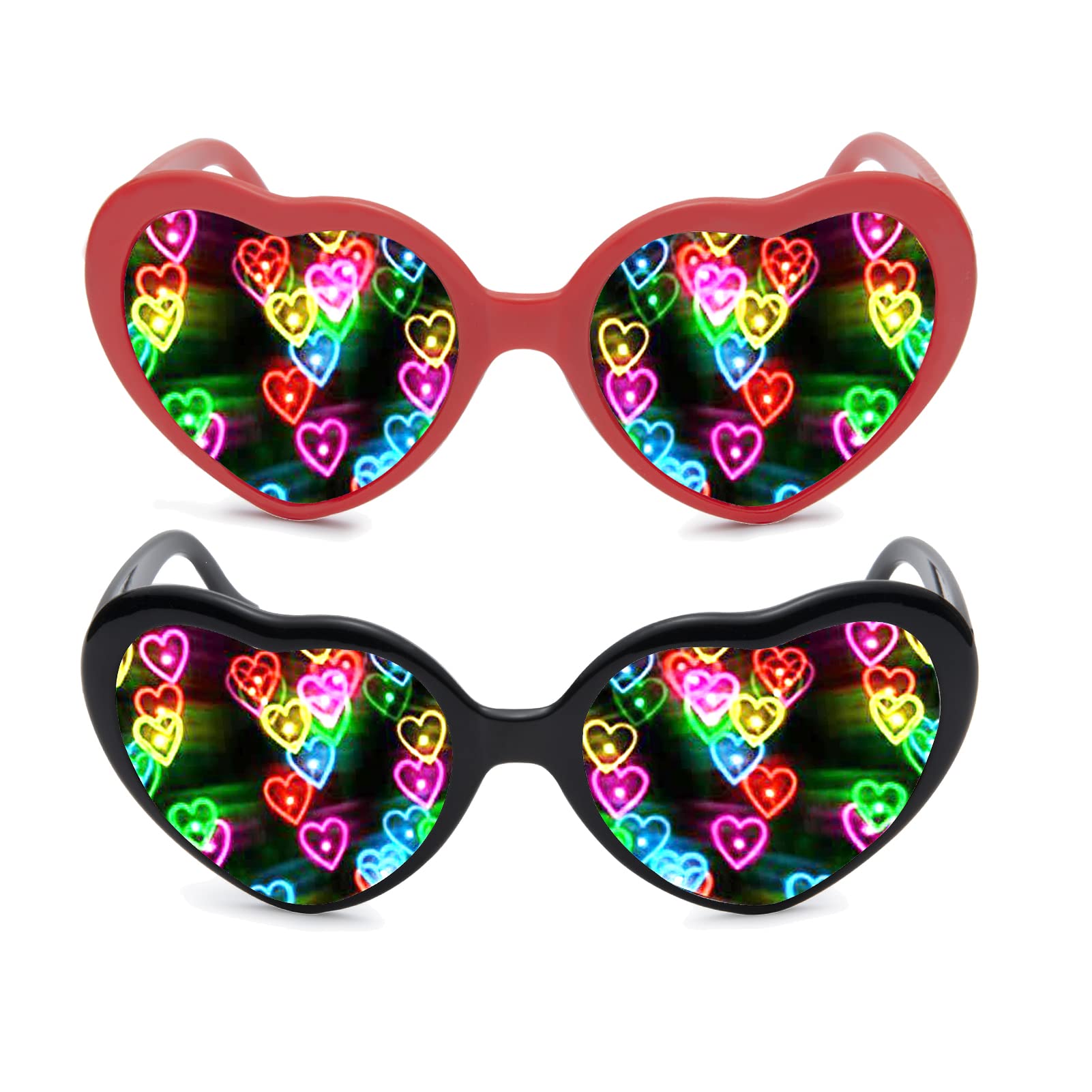 Heart Effect Diffraction Glasses - 2 Pack Special Effect Rave Party Glasses with Light Changing & Refraction - Perfect for Music Festivals, Concerts, and Nightlife Events