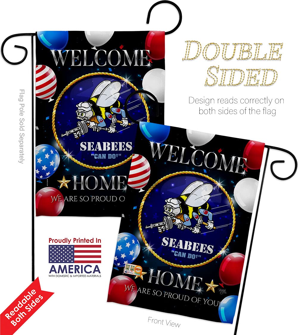 Navy Welcome Home Seabee Garden House Flags Kit - Double-Sided 28x40 Inch US Military Veteran Yard Banner - Armed Forces USN Patriotic Decor Made in USA - Perfect for Front Yard, Porch & Military Homecoming Celebrations