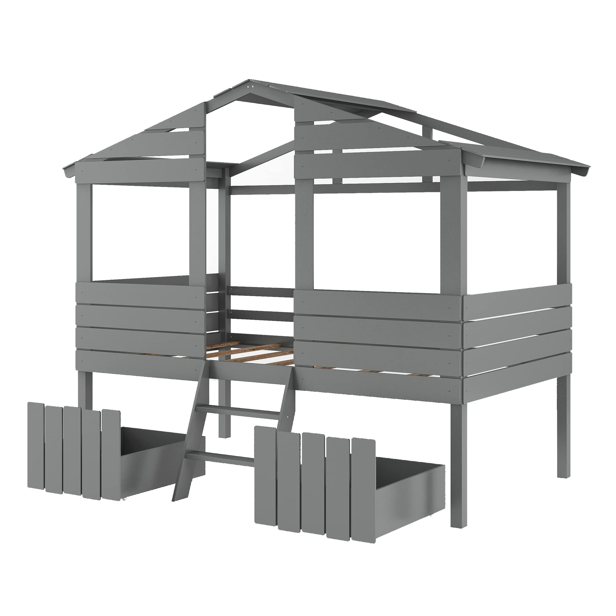 Twin Low Loft Bed with 2 Drawers - House Shaped Wooden Bed Frame with Roof, Window & Short Ladder - No Box Spring Needed - Perfect Kids Bed for Boys & Girls (Gray) - Ideal for Small Bedrooms, Playrooms & Space-Saving Kids' Rooms