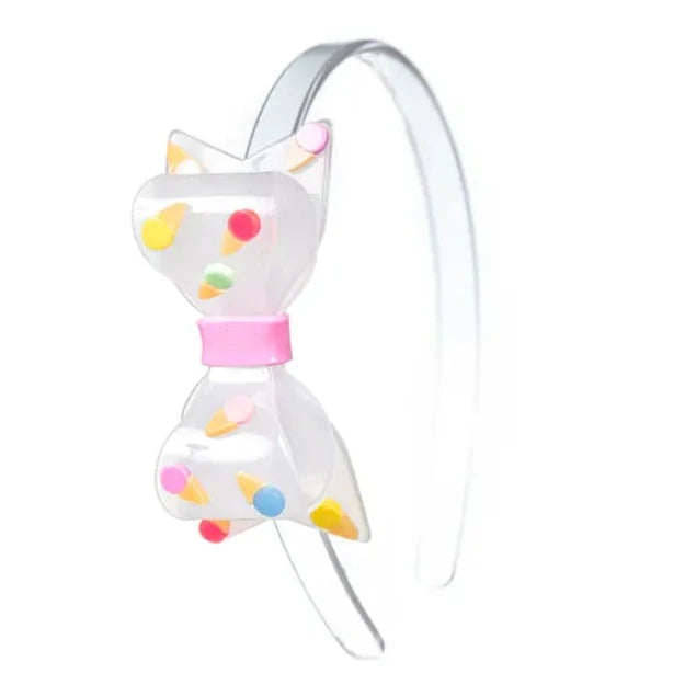 Lilies & Roses NY White Fat Bow Mini Ice Cream Headband - Cute Hair Accessory for Girls, Women, Parties & Photo Shoots