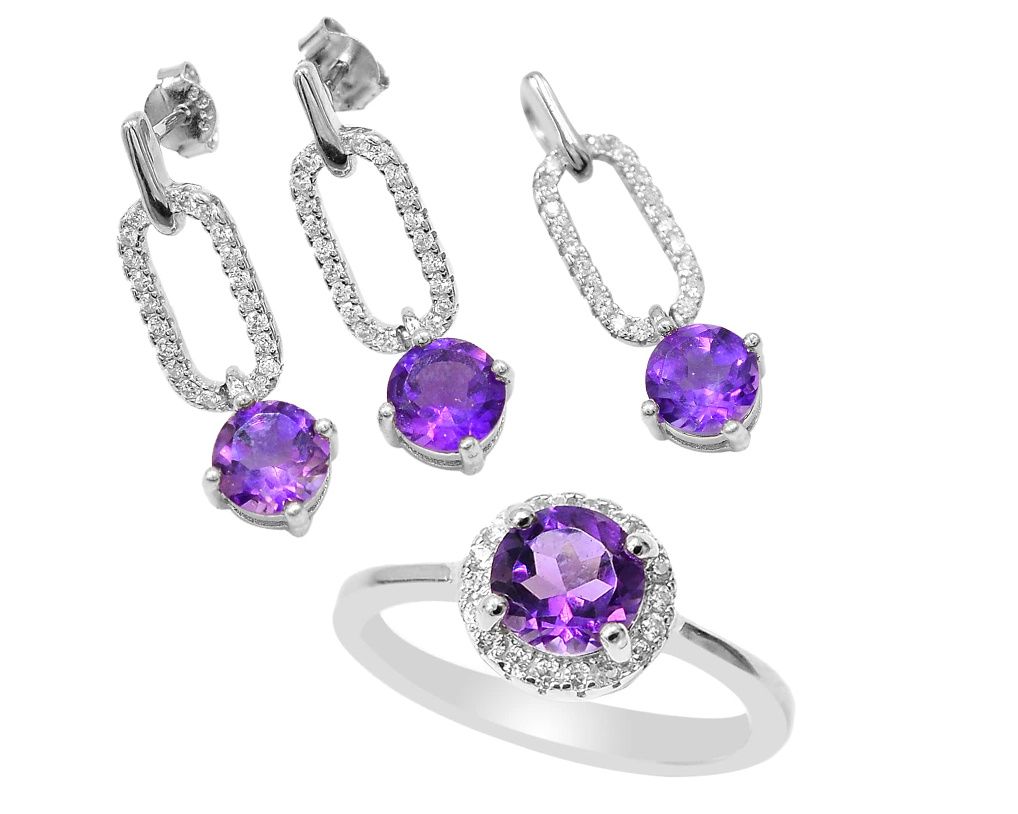 Natural Amethyst Jewelry Set for Women - 925 Sterling Silver Ring, Earrings & Pendant - February Birthstone Gift for Wife, Anniversary, Valentine's Day | Perfect for Special Occasions, Date Nights & Formal Events