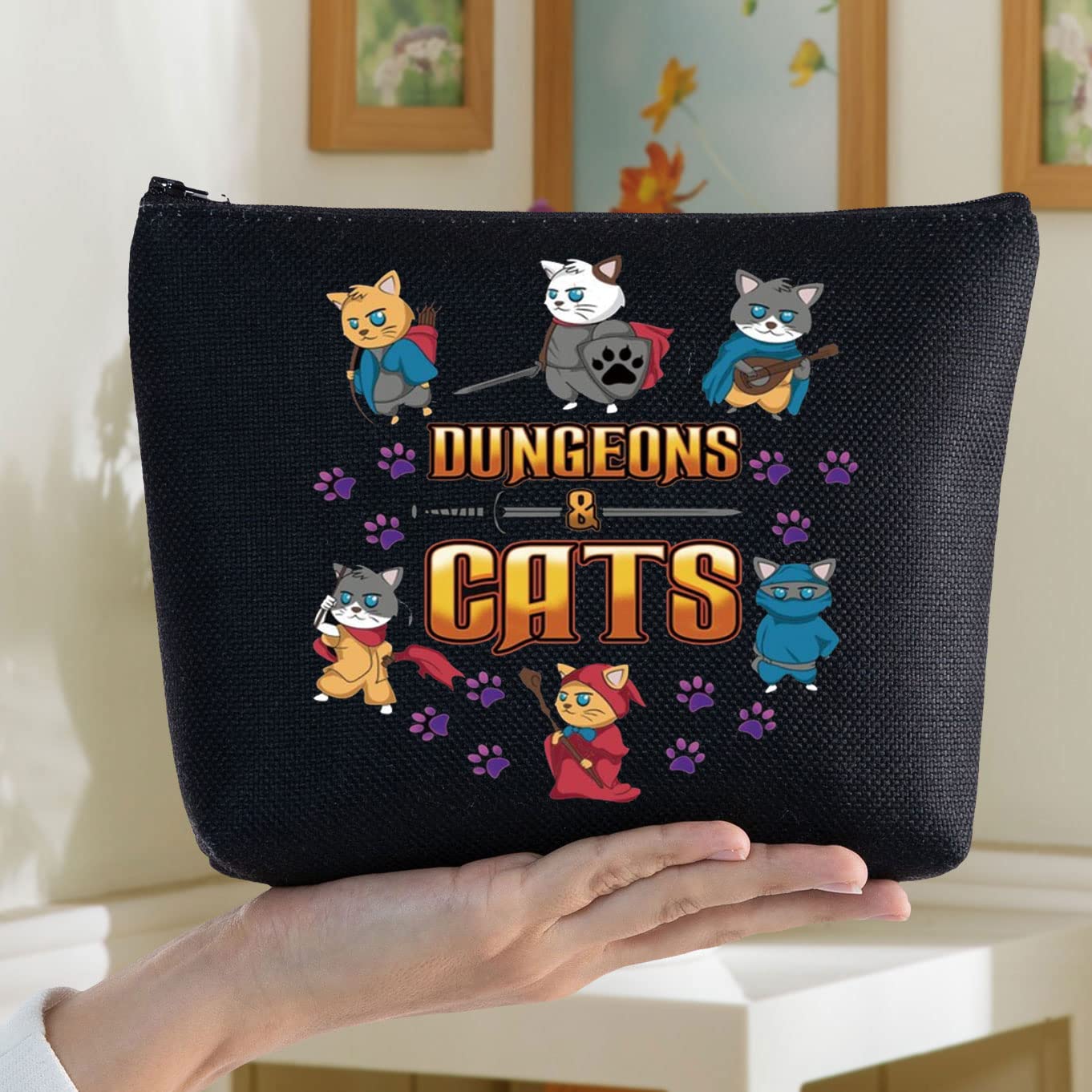 Dungeons and Cats Themed Makeup Bag - D20 Dice Dragon Master Zipper Pouch for RPG Gamers | Perfect for Cosplay, D&D Sessions & Fantasy Gift Giving