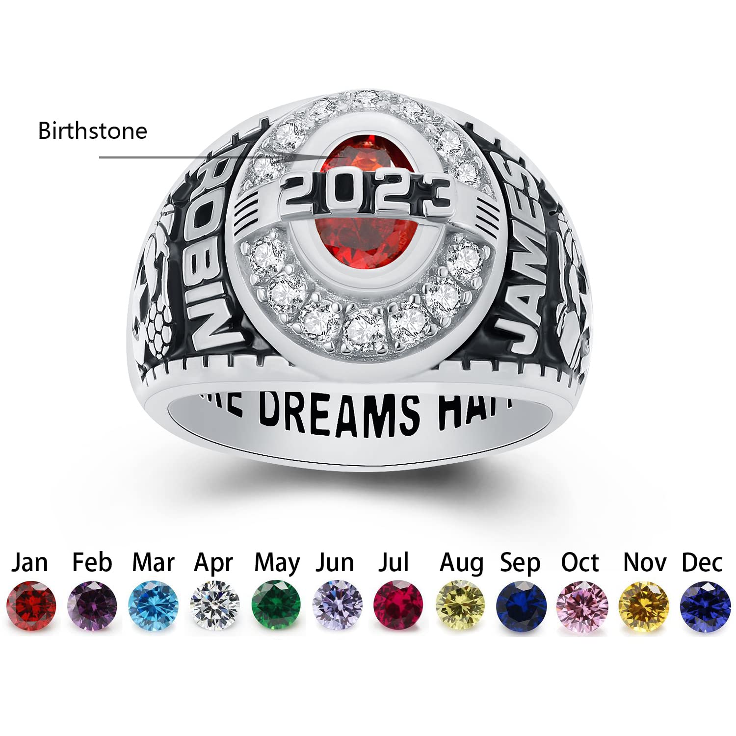 Custom Personalized Sterling Silver Class Rings for Women & Men - High School & College Rings with Cubic Zirconia & Birthstones - Gold Plated Size 5-15 - Perfect for Graduation Gifts, Anniversary Presents & School Spirit Jewelry