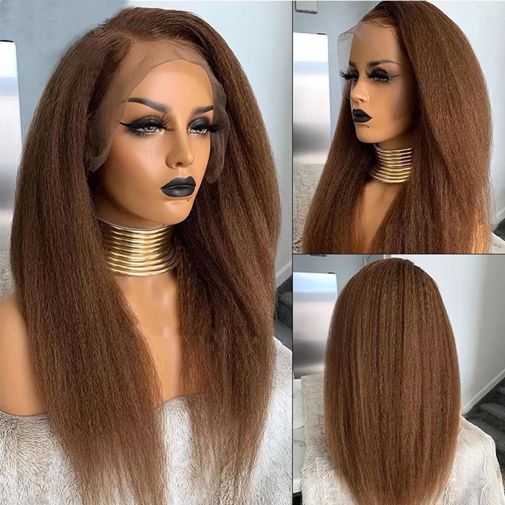Imeya 13x6 HD Lace Front Human Hair Wig - Brazilian Yaki Straight 150% Density 18 Inch Pre-Plucked with Baby Hair for Black Women | Natural Brown Kinky Straight Wig for Daily Wear, Parties & Special Occasions