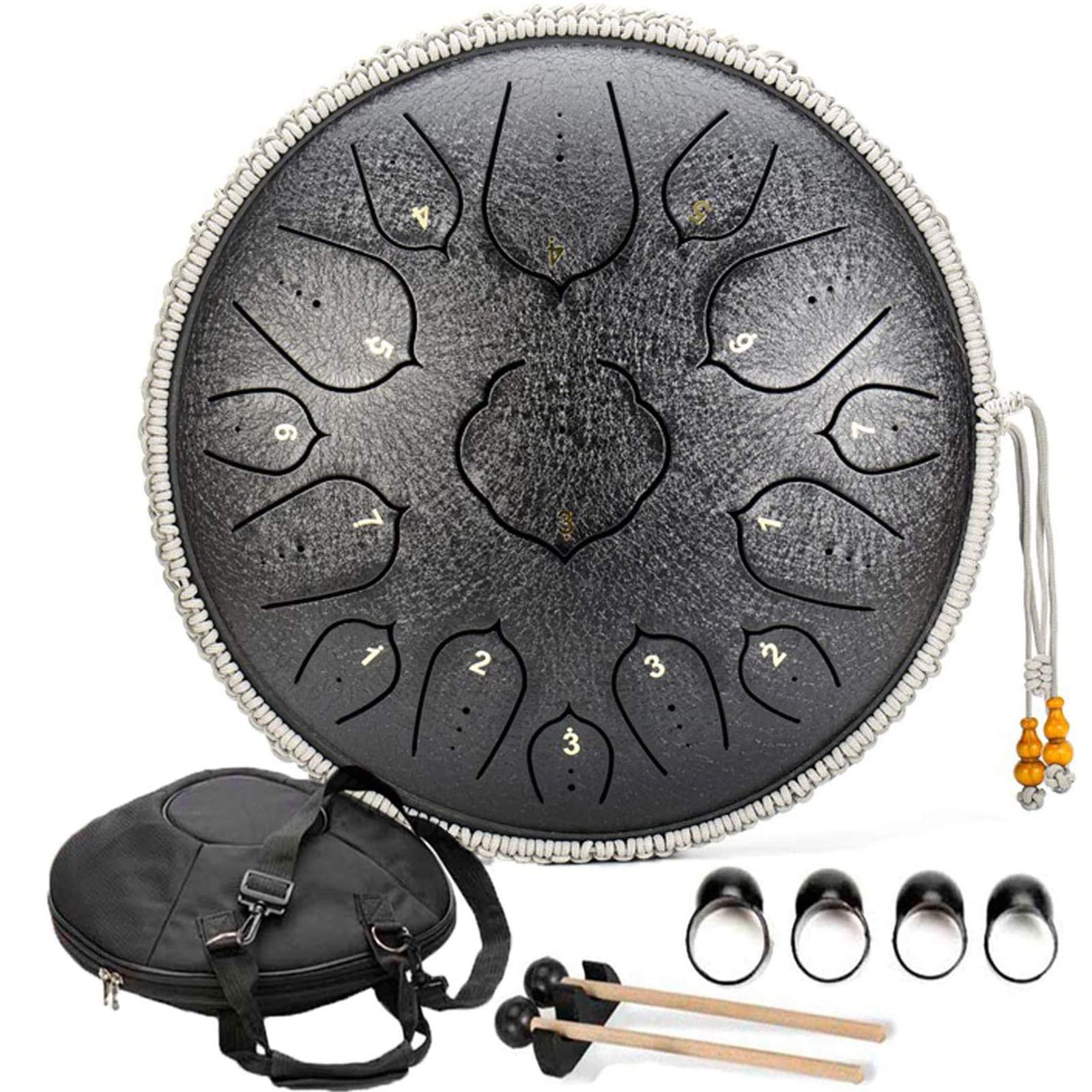 15-Note Steel Tongue Drum Tank Drum | 14-Inch Handpan Drum Percussion Instrument | Easy to Learn with Drumsticks | Perfect for Meditation, Yoga, Camping & Sound Therapy | Black