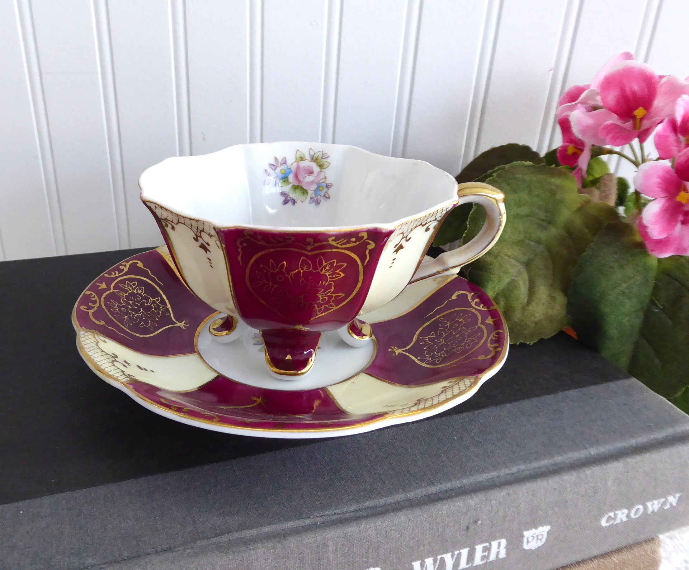 Vintage 1930s Japanese Maroon and Cream Footed Cup & Saucer Set with Gold Overlay Hearts - Perfect for Tea Parties, Antique Collecting, and Home Decor