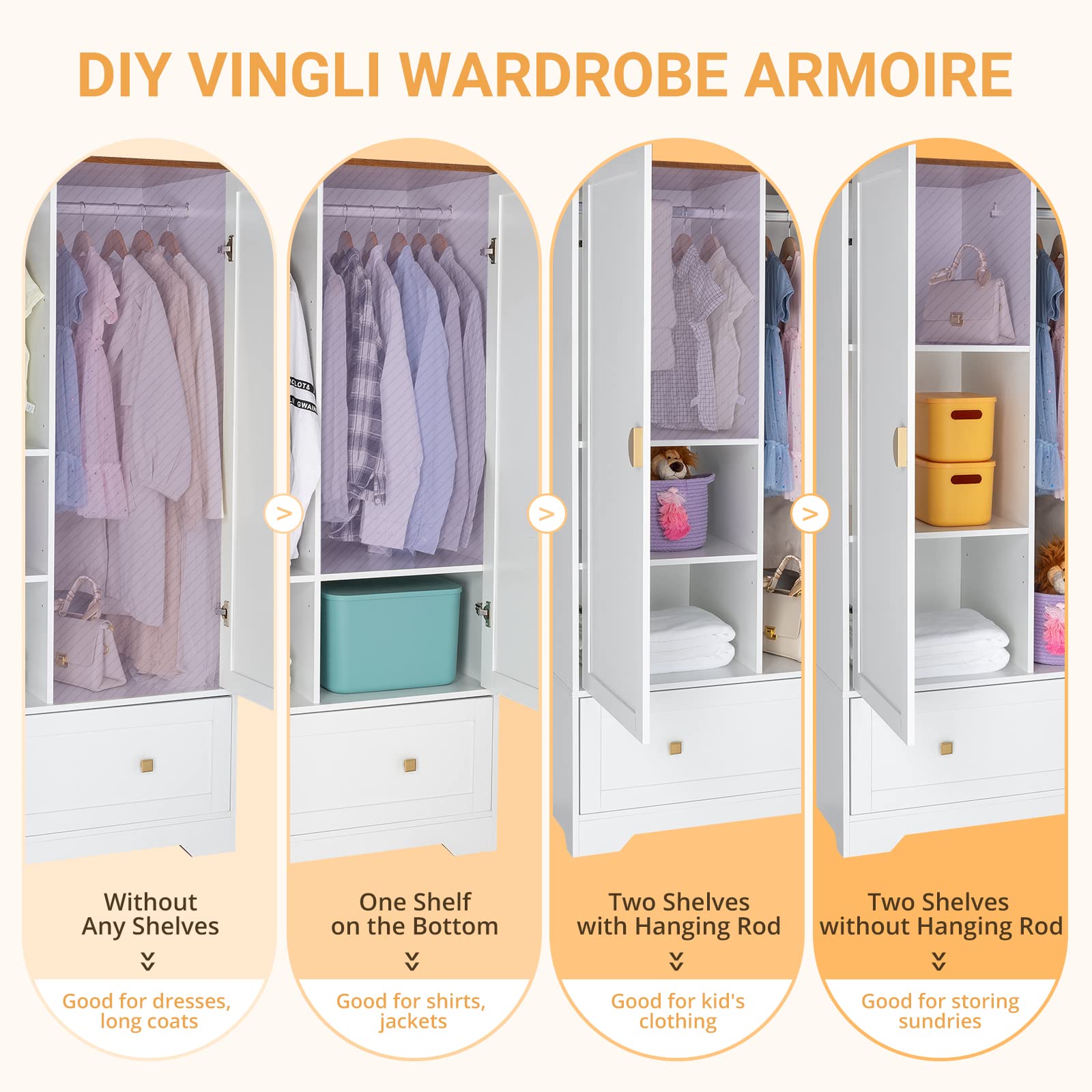 VINGLI 38 Inch Wide White Armoire Wardrobe with Hanging Rod, Shelves & Drawer - Freestanding Closet Organizer for Bedroom, Dorm, Apartment - 21