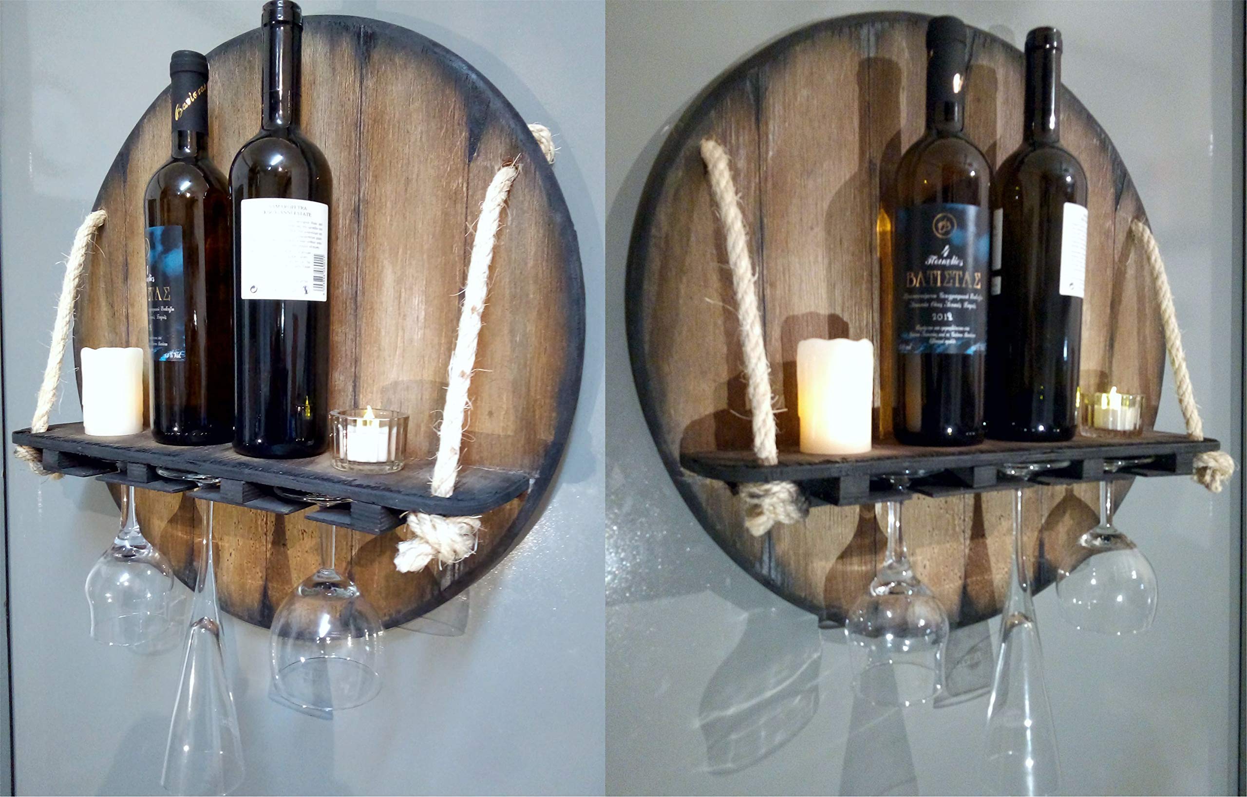 Wall Mounted Wine Rack - Rustic Wood Liquor Bottle Storage Shelf Inspired by Whiskey Barrels | Hanging Glass Holder for Kitchen, Dining Room, Bar & Cellar | Perfect Housewarming Gift & Home Decor for Wine Enthusiasts
