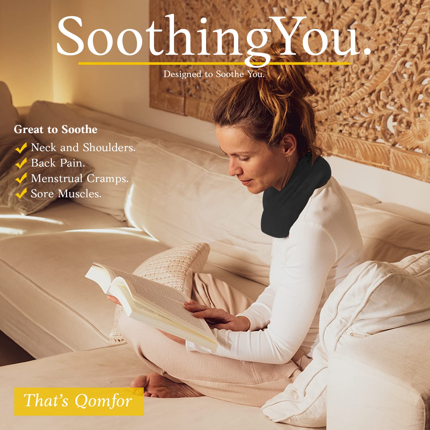 Qomfor Large Microwave Heating Pad - Reusable Lavender Wheat Bag Heat Pack for Neck, Shoulder & Back Pain Relief - Soothes Arthritis, Period Cramps & Muscle Aches - Perfect for Home, Office & Travel (Black)