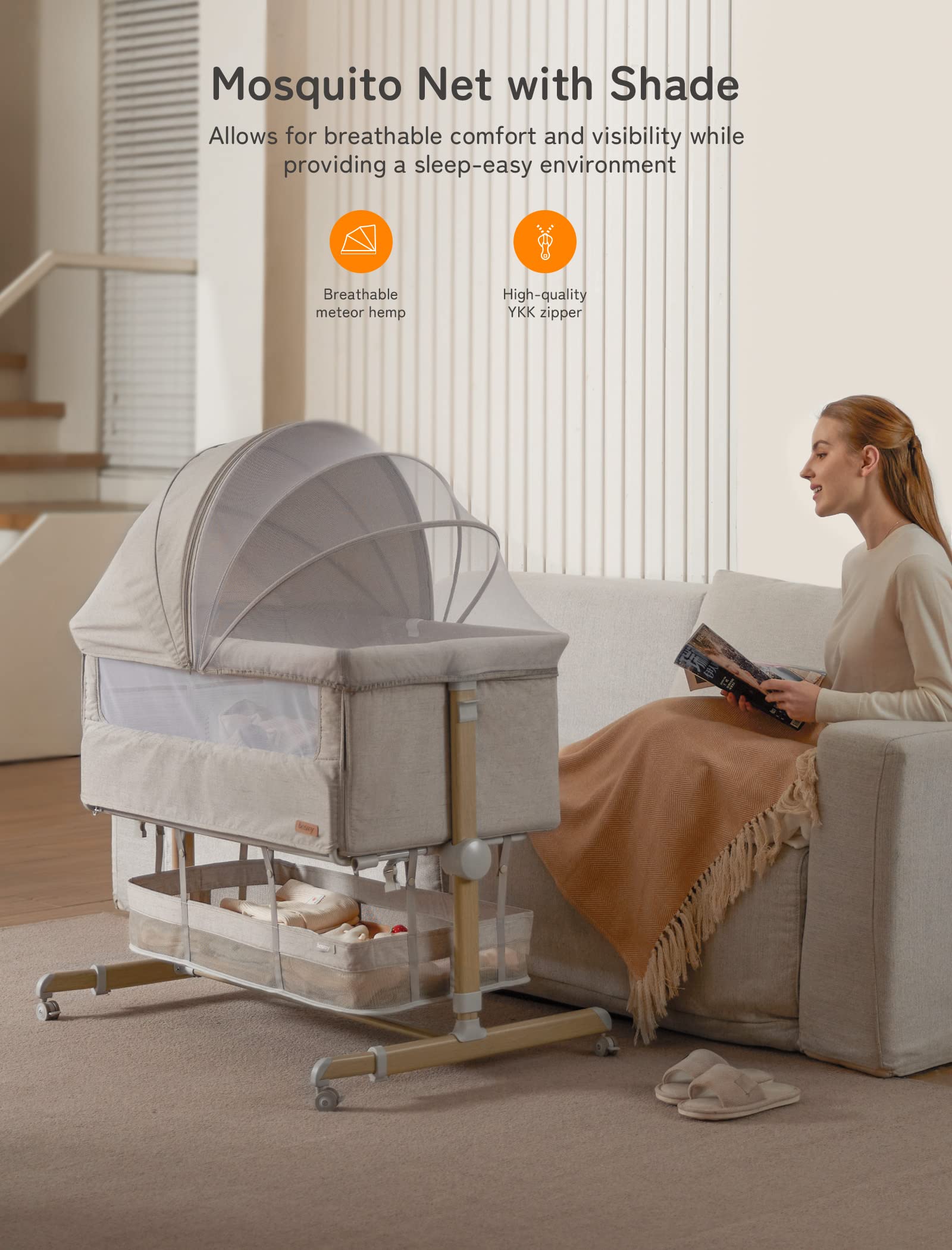 **Besrey Adjustable Baby Bassinet Bedside Sleeper with 9 Height Positions & 360° Swivel Wheels – Portable Newborn Crib with Comfy Mattress & Storage Basket – Perfect for Nursery, Co-Sleeping, and Travel**