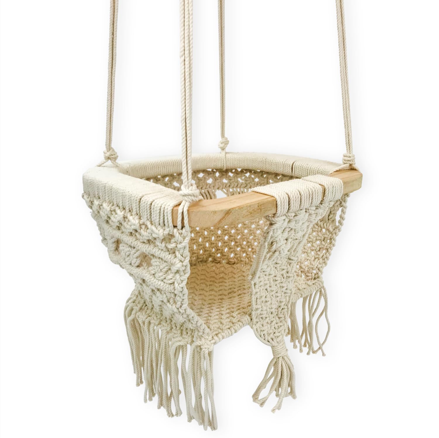 Finn + Emma Handmade Organic Cotton Macrame Baby Swing - Safe & Stylish Nursery Hanging Seat with Solid Wood Bar - Perfect for Newborns, Infants & Nursery Decor - Ideal for Playrooms, Bedrooms & Indoor Relaxation