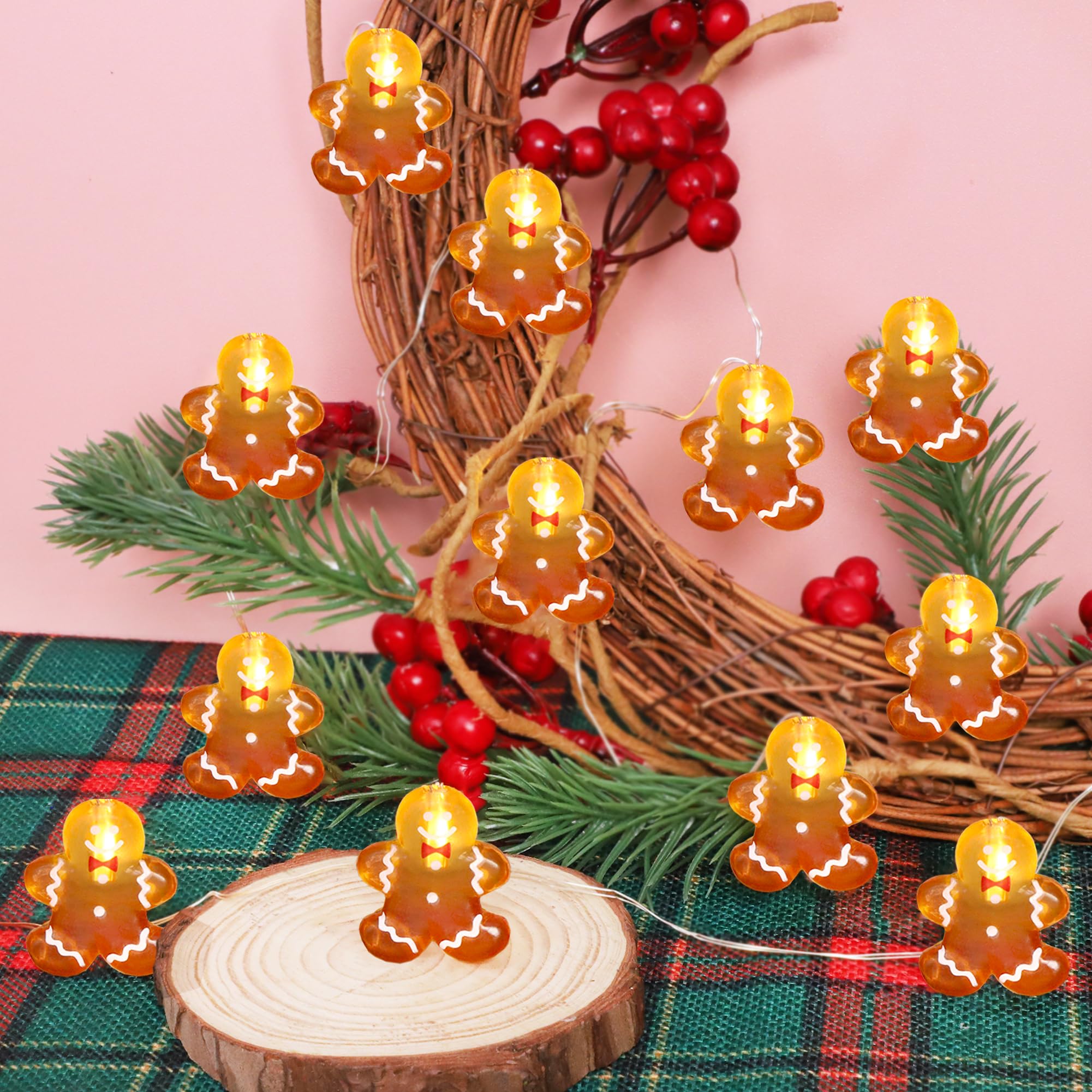 Christmas Gingerbread LED String Lights - 10ft 20 LEDs with Remote for Holiday Decor