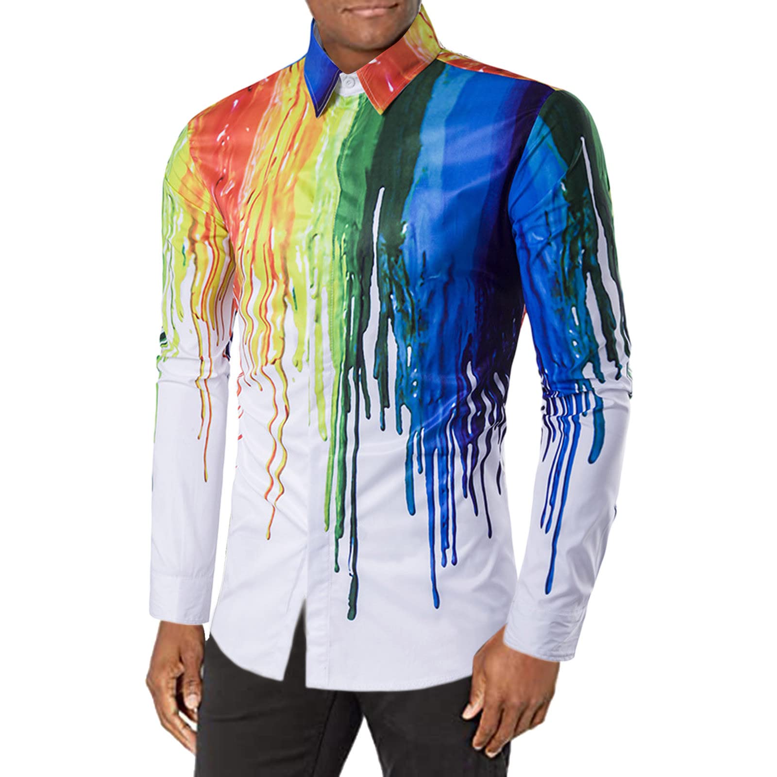 **Men's Tie-Dye Rainbow Floral Poplin Dress Shirt - Slim Fit Long Sleeve Casual Button Down Shirt for Work, Parties & Festivals**