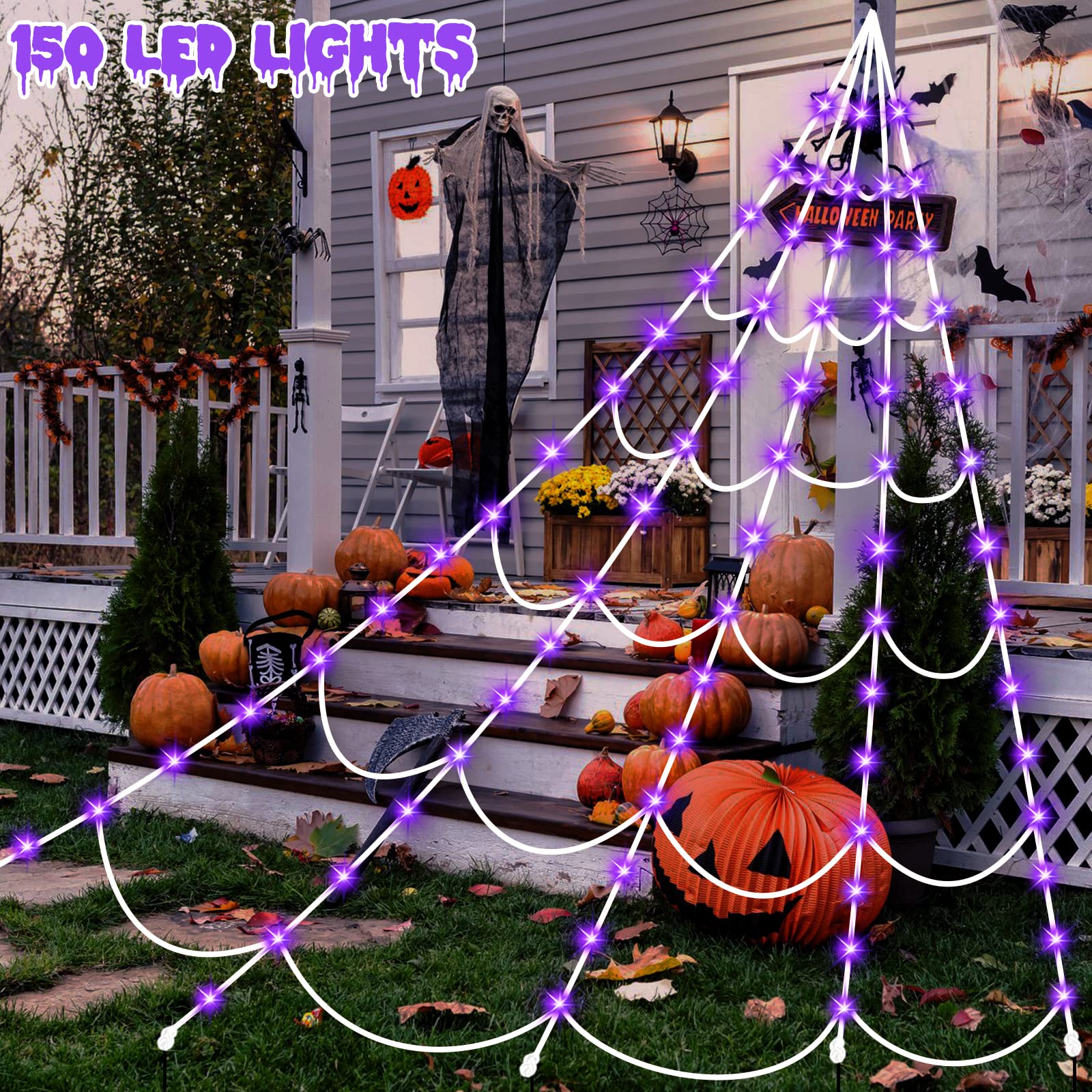 150 LED Halloween Spider Web Lights - 16.4 Ft Giant Lighted Web Decor with 8 Lighting Modes, Waterproof & Timer for Outdoor Indoor Yard, Haunted House, Party (Purple) | Perfect for Halloween Decorations, Garden Lighting, and Spooky Themed Events