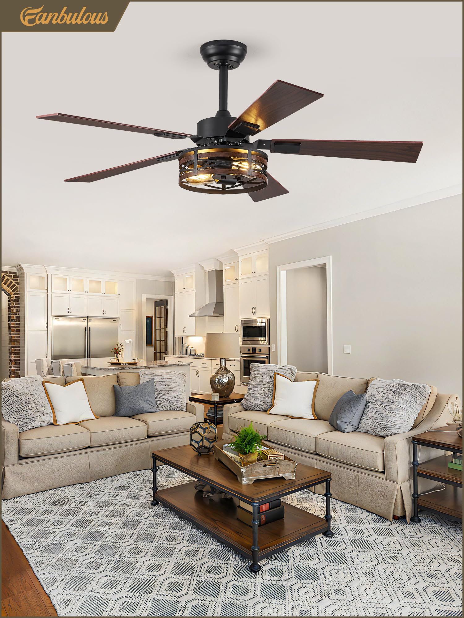 48 Inch Rustic Farmhouse Ceiling Fan with Light - 6-Speed Adjustable Quiet Reversible DC Motor, Dual Finish 5 Blades - Perfect for Bedroom, Living Room, Porch & Farmhouse Decor