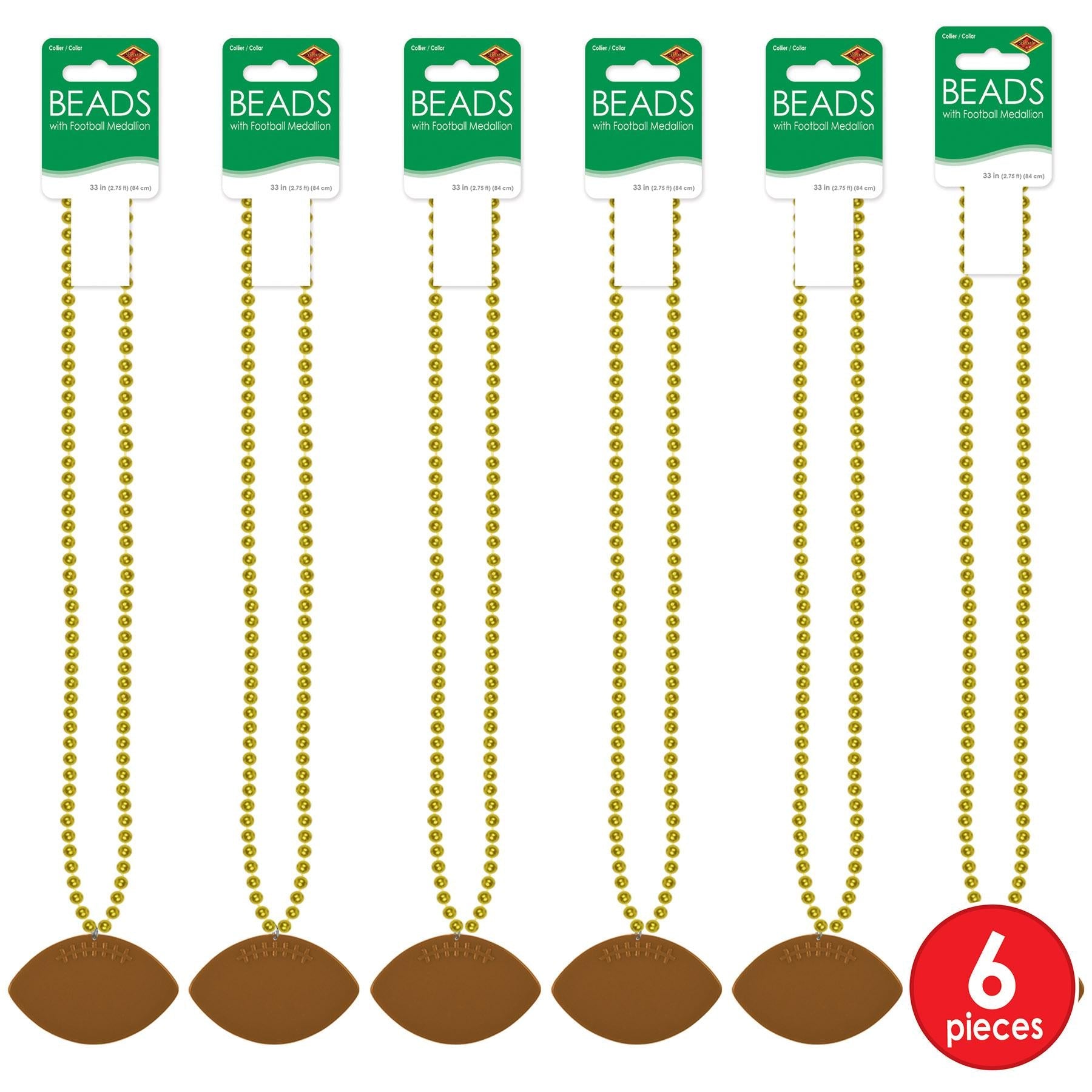12 Pack Gold Party Bead Necklaces with Football Medallion - Bulk Mardi Gras Beads for Football Games, Super Bowl Parties & Carnival Celebrations