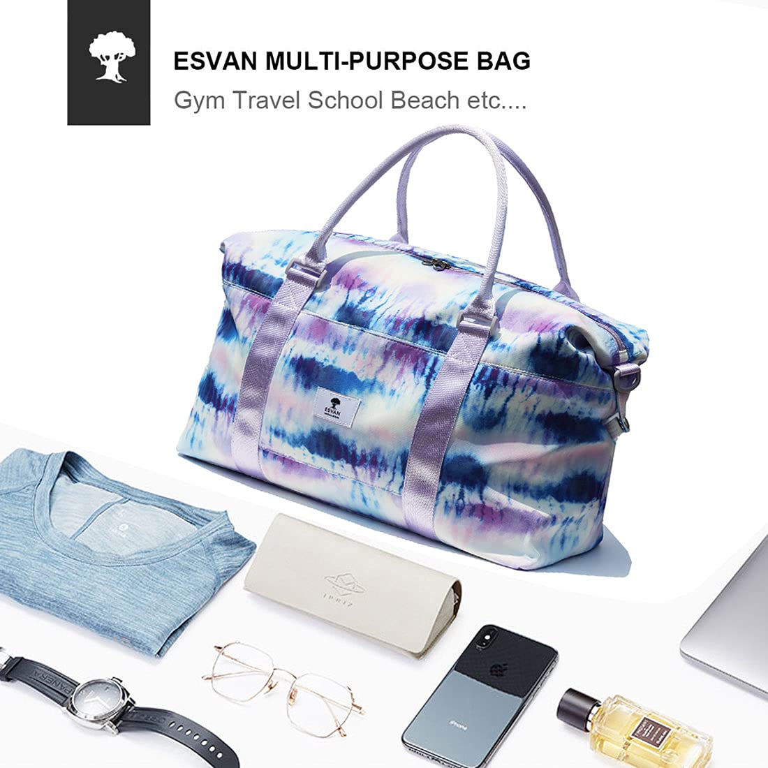 ESVAN Travel Tote Duffel Gym Bag - Waterproof Weekender Overnight Carry-on Crossbody Bag with Wet Pocket & Trolley Sleeve - Perfect for Gym, Travel, Workout & Weekend Getaways