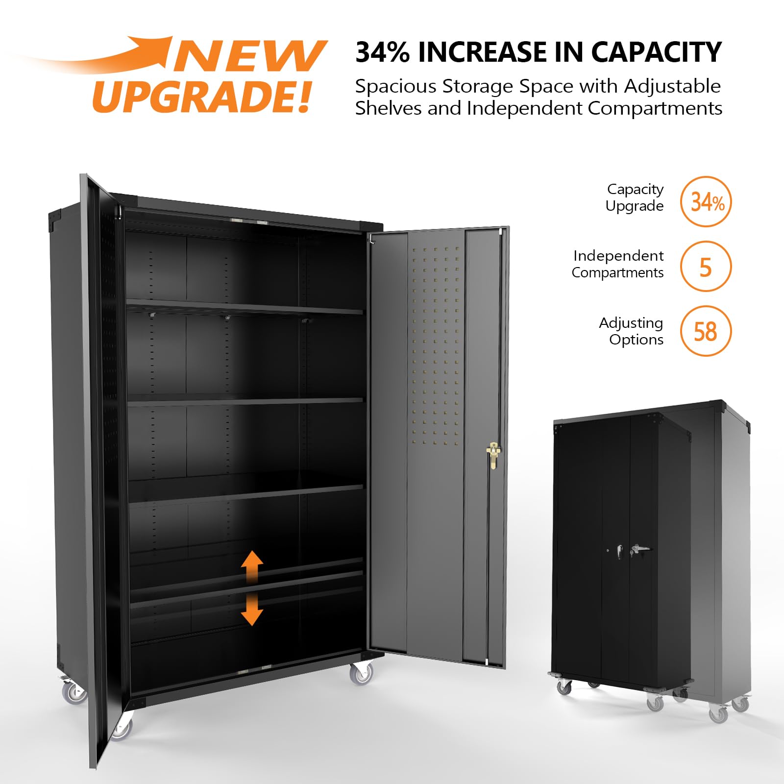 VINGLI Upgraded Wide & Deep Garage Storage Cabinet - Heavy Duty Metal Storage with Pegboards, Wheels, Locking Doors & Adjustable Shelves (Black, 43