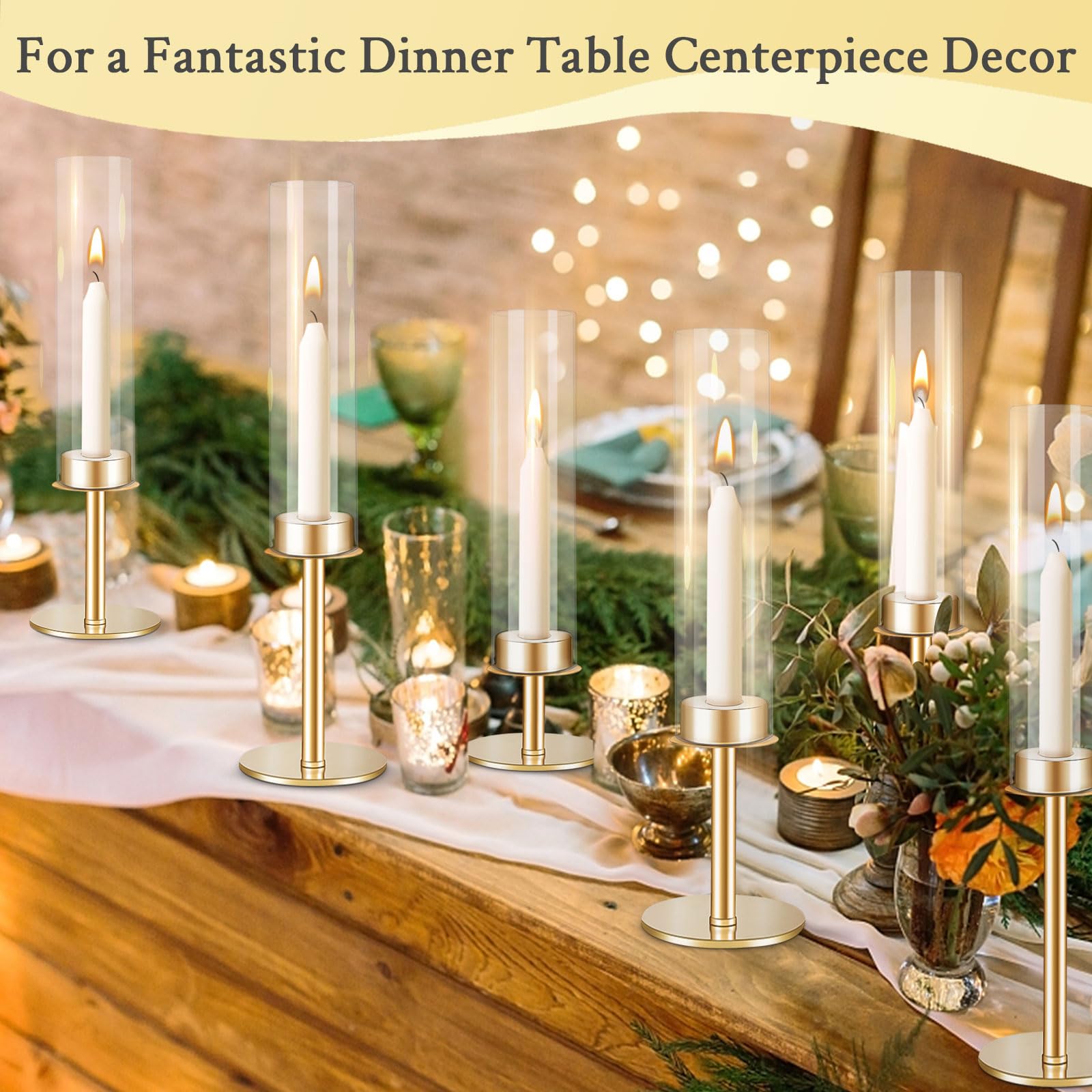 Elegant Gold Hurricane Candle Holders Set of 3 - Glass Taper Candle Sticks with Covers for Wedding Centerpieces, Christmas Decor, Romantic Dinners & Home Ambiance Lighting