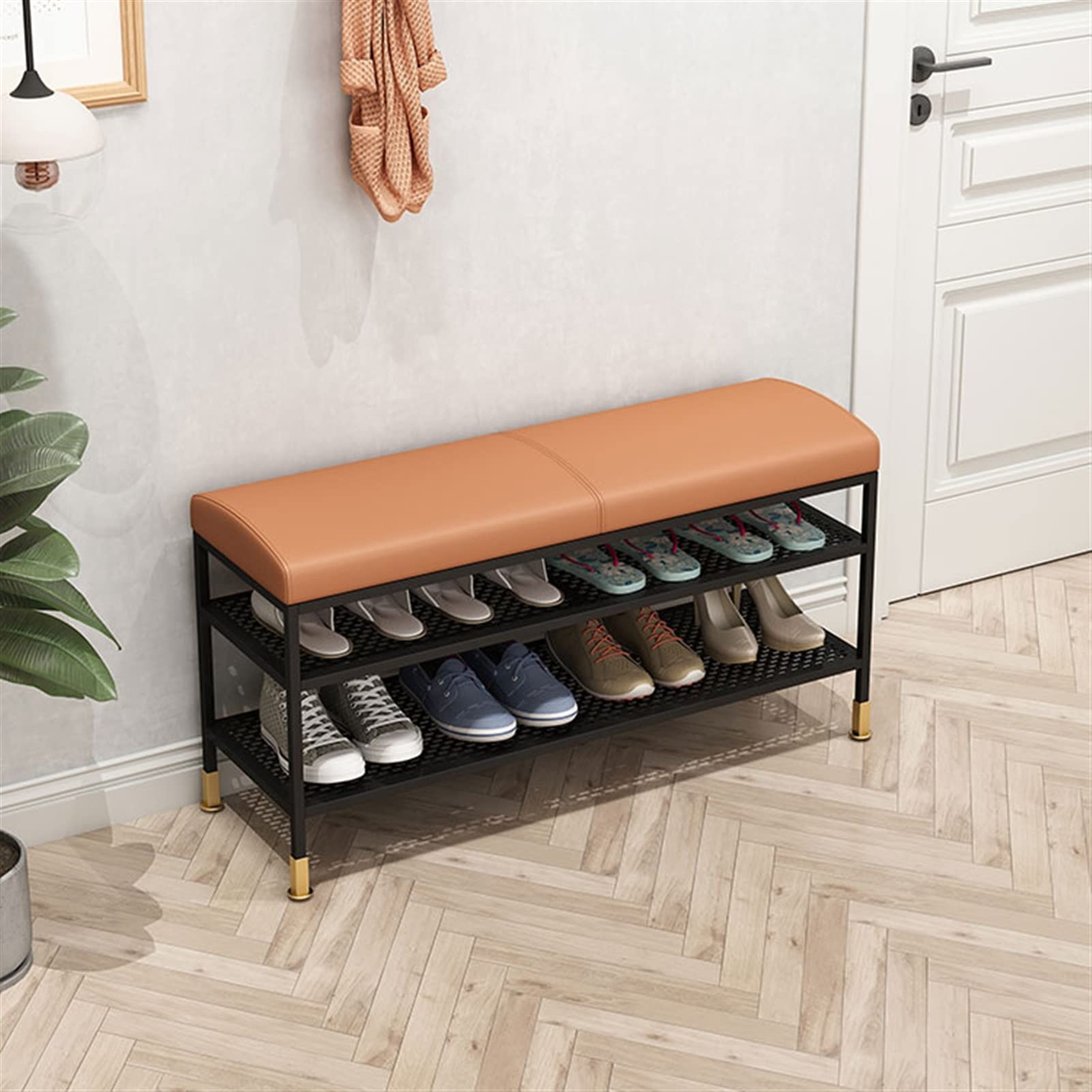 3-Tier Shoe Storage Bench with Leather Seat - 100cm Entryway Organizer for Foyer, Bedroom & Living Room | Durable Metal Shoe Rack Bench | Perfect for Small Spaces & Home Organization (Orange)