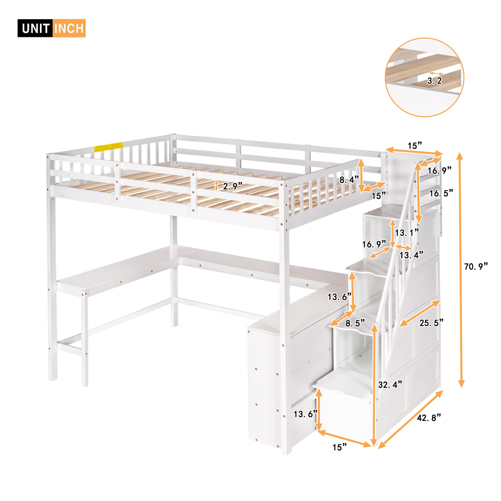 Full Size Loft Bed with L-Shaped Desk, Stairs & Storage Shelves - Space Saving Wooden Loft Bed Frame for Adults & Kids - Sturdy, Noise-Free White Loft Bed for Small Bedrooms, Dorms & Home Offices