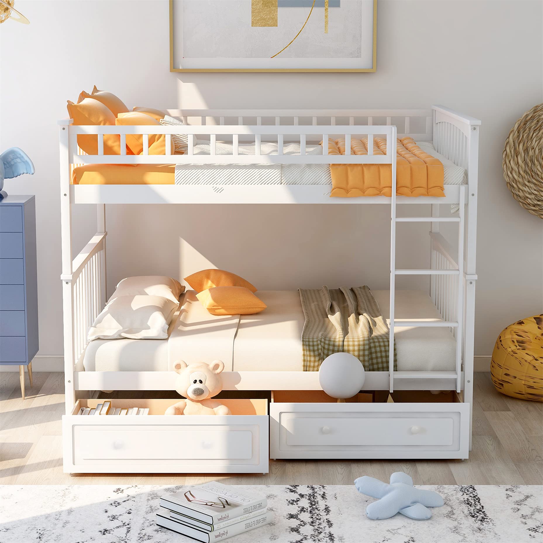Harper & Bright Designs Full Over Full Bunk Bed with 2 Drawers - Sturdy Wooden Bunk Bed Frame with Safety Rail & Ladder for Kids & Teens - Perfect for Bedroom, Guest Room & Small Space (White)