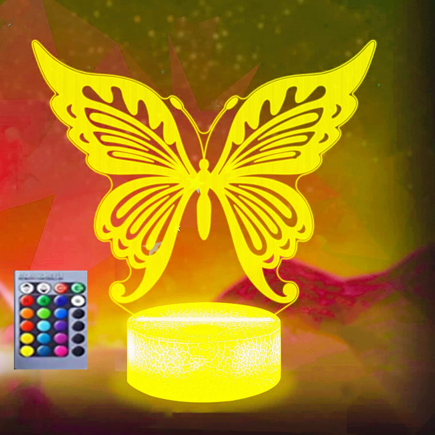 3D Butterfly Night Light Lamp - 16 Color Changing USB LED Table Lamp with Acrylic Flat ABS Base - Illusion Night Light for Kids Room, Bedroom Decor & Gift - Perfect for Nursery, Study Desk, and Relaxation Lighting