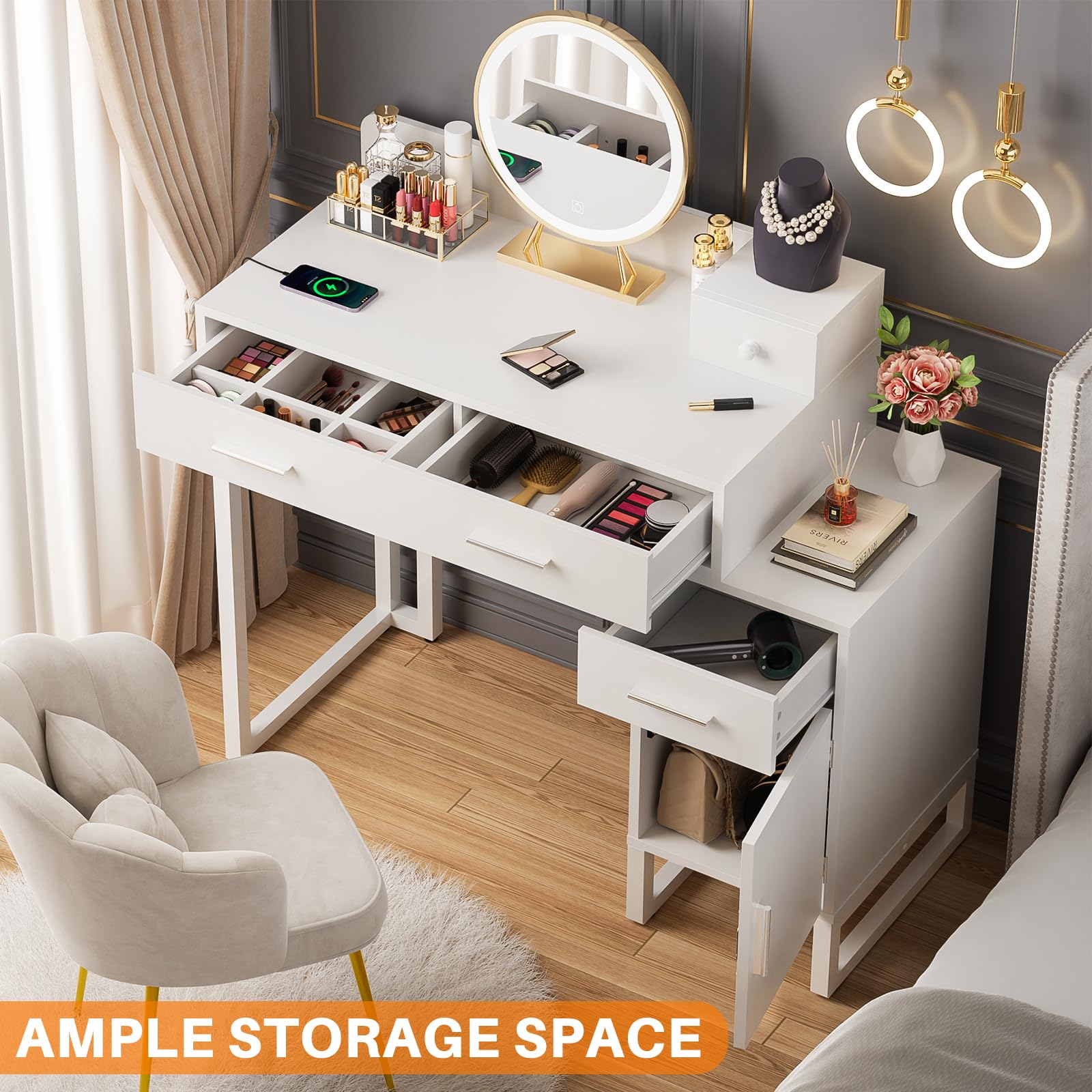 Modern White Vanity Desk with 4 Storage Drawers & Charging Station - Reversible Cabinet Dressing Table Set with Divided Organizers for Women & Girls - Perfect for Bedroom Makeup, Skincare Routine and Home Office Workspace