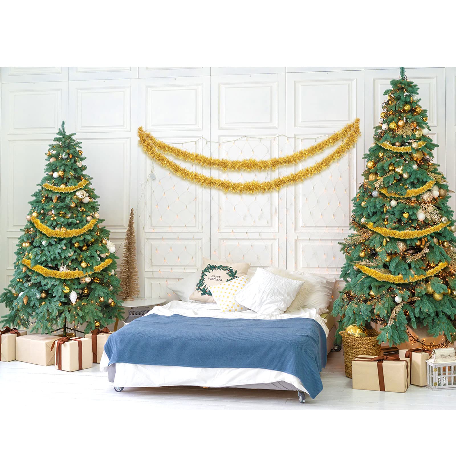 2 Pack 49FT Christmas Tinsel Garland Decorations - Metallic Gold Xmas Twist Streamers for Tree, Wall, Stair Rail - Indoor/Outdoor Holiday Party Decor for Christmas, Halloween, Home, Wedding & Events